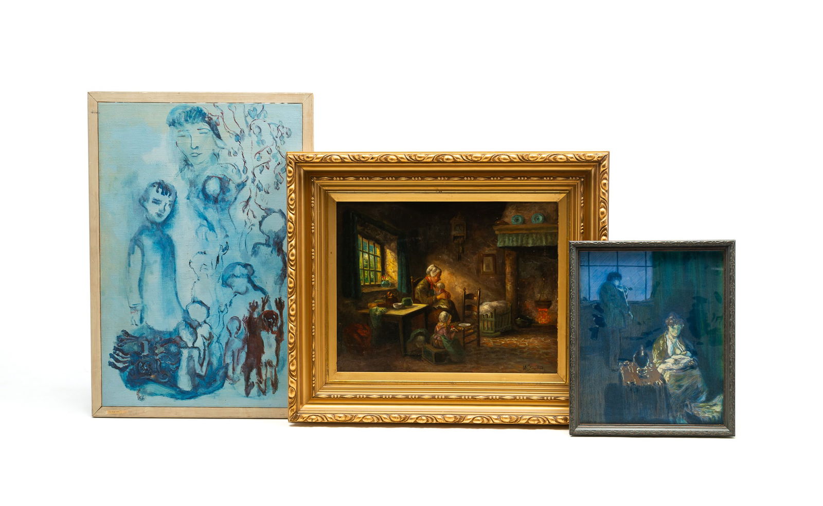 THREE IMAGES OF NURSING MOTHERS. Duland frame, 26.5"h. 31.25"w. Canvas, 17.5"h. 22"w. (1 of 4)