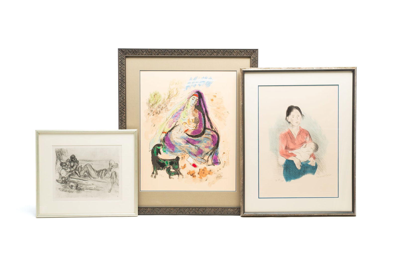 THREE LITHOGRAPHS DEPICTING NURSING MOTHERS. Largest frame, 35"h. 29.5"w.: Early to mid-20th Century. Reuven Rubin (Israeli, 1893-1974) "Mother and Son" colored lithograph, editioned 44/150 and signed in pencil at lower margin. Matted and framed, 35"h. 29.5"w. Sight, 25"h. 2