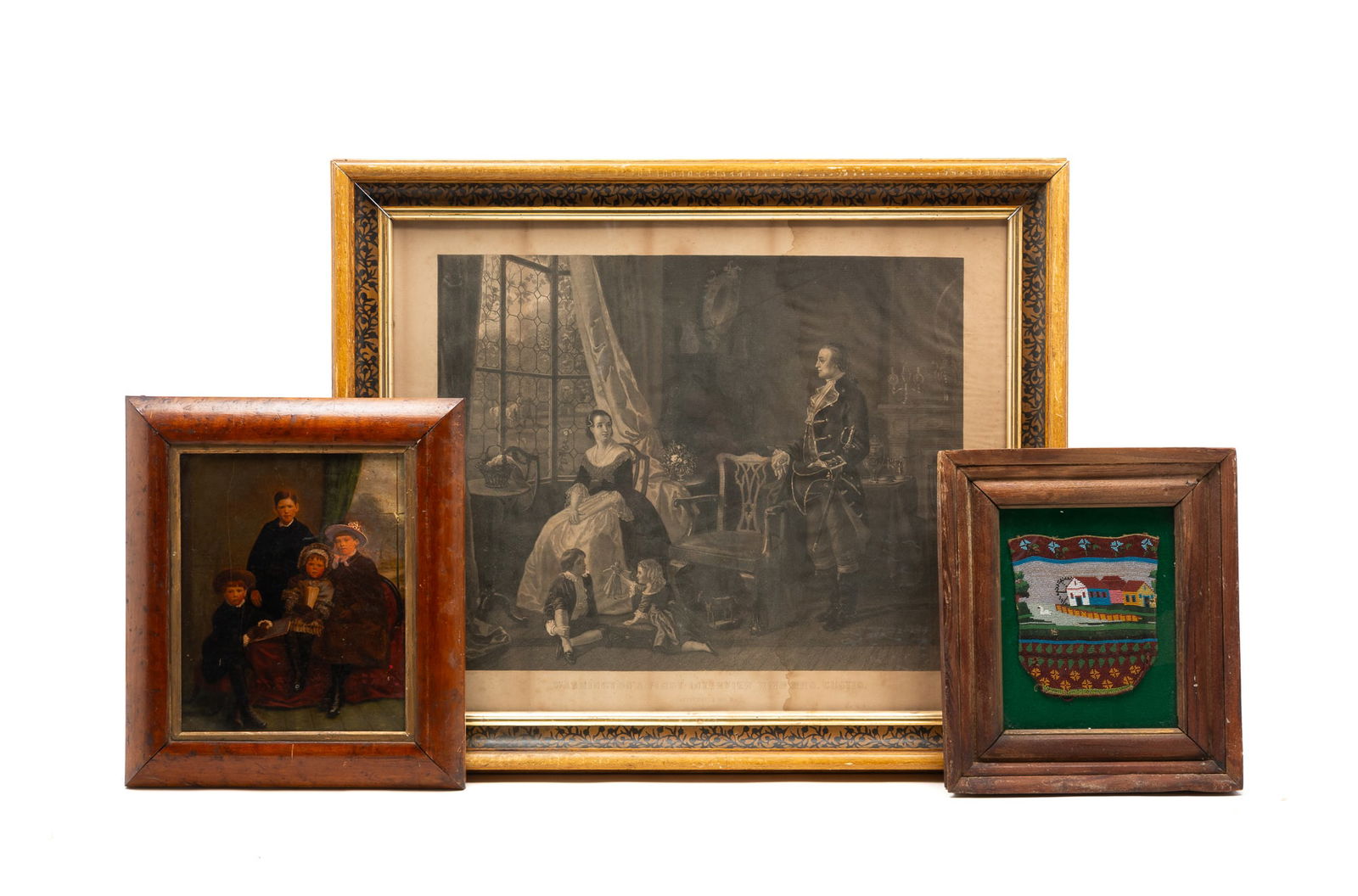 TWO PRINTS AND A BEADED BAG, INCL. "WASHINGTON'S FIRST INTERVIEW WITH MRS. CUSTIS". Largest, (1 of 7)