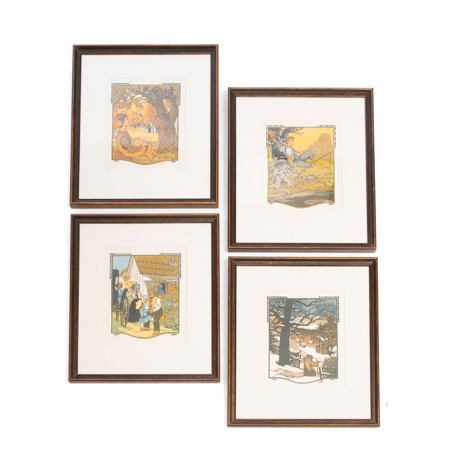 FOUR GUSTAVE BAUMANN (GERMANY/SANTA FE, 1881-1971) COLOR WOODCUTS OF JANUARY, MAY, JULY, AND (1 of 8)