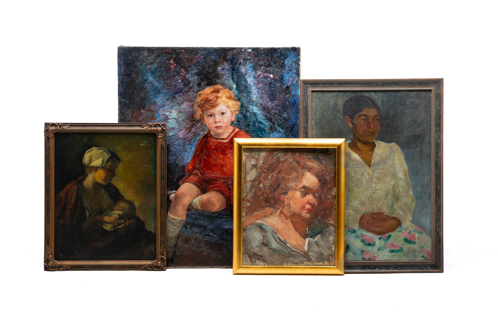 FOUR OIL ON CANVAS PORTRAITS OF WOMEN AND CHILDREN. Largest, 34"h. 24"w. (1 of 9)