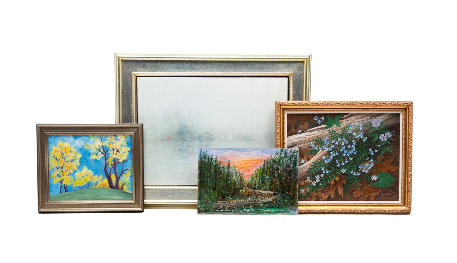 FOUR LANDSCAPE ARTWORKS, INCL. MARTHA BURLINGHAM "MIDNIGHT SUN". Largest, 19"h. 24"w. (1 of 11)