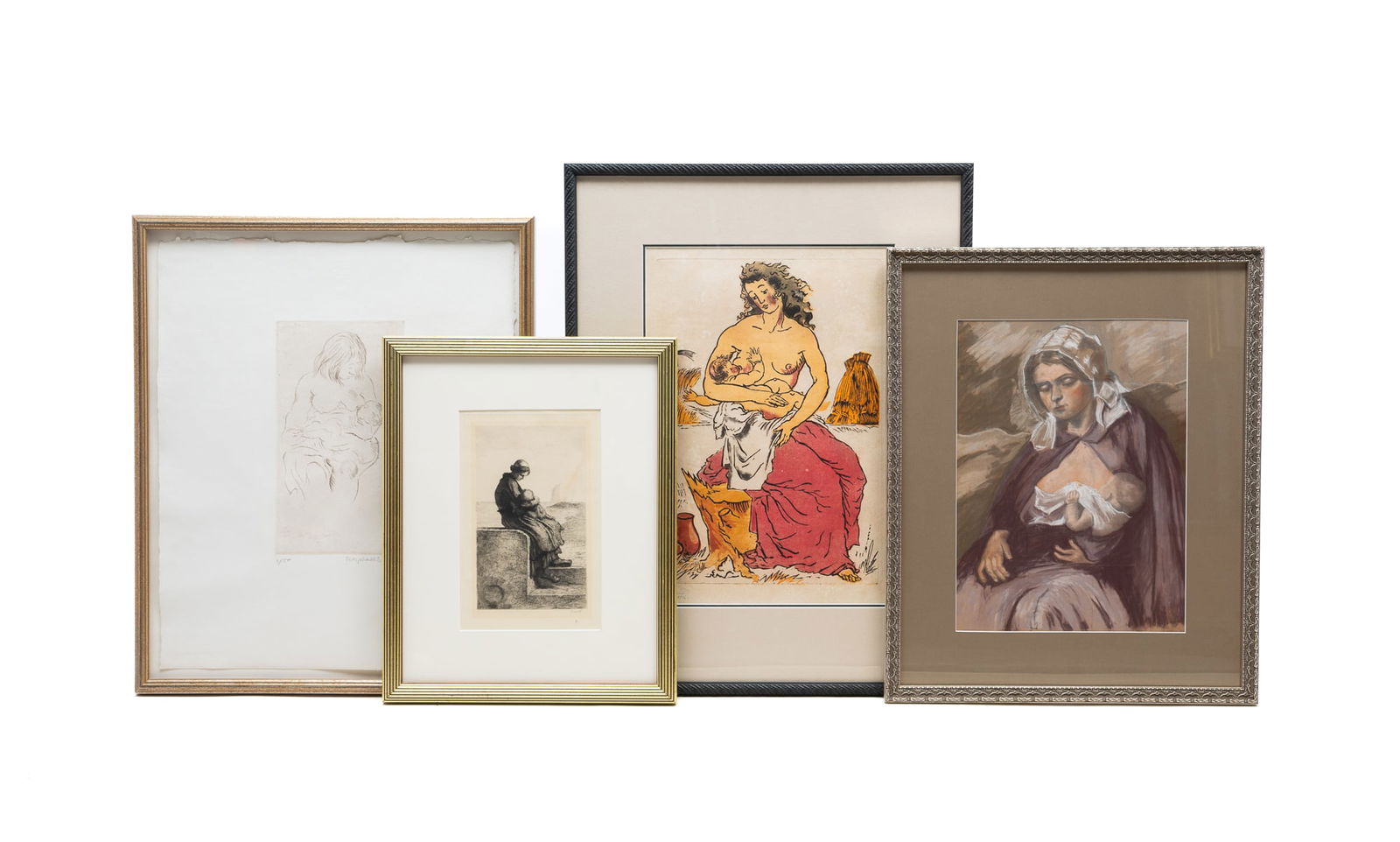 FOUR ARTWORKS OF NURSING MOTHERS. Largest, 22.5"h. 17"w.: 20th Century. The largest, a relief print in color, signed and dated in pencil lower left, double-matted behind glass in a contemporary frame. A Raphael Soyer, numbered print of a nursing mother on a