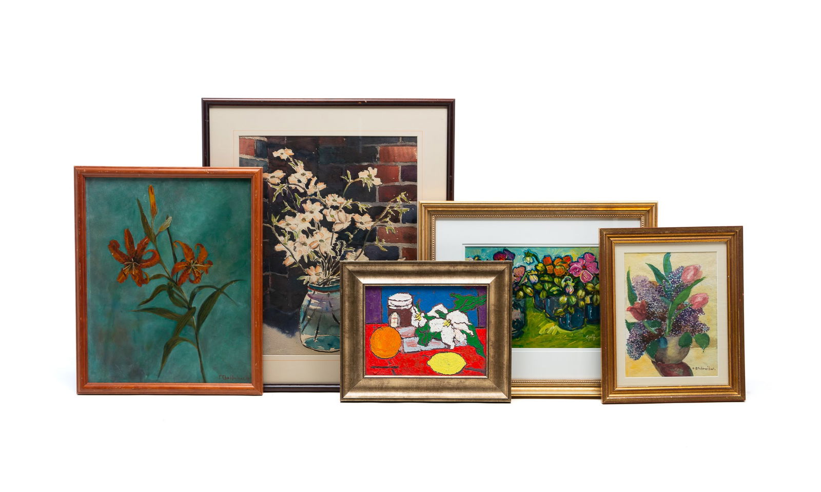 FIVE STILL LIFE PAINTINGS OF FLOWERS. Largest frame, 28"h. 24"w. (1 of 10)
