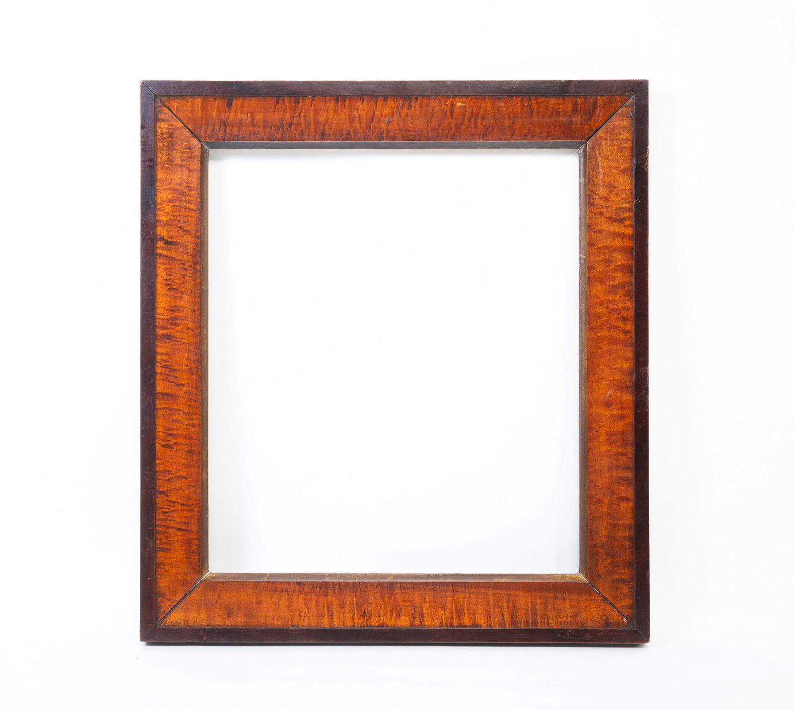 TIGER MAPLE AND MAHOGANY PICTURE FRAME. Overall, 27"h. 24.25"w. (1 of 4)