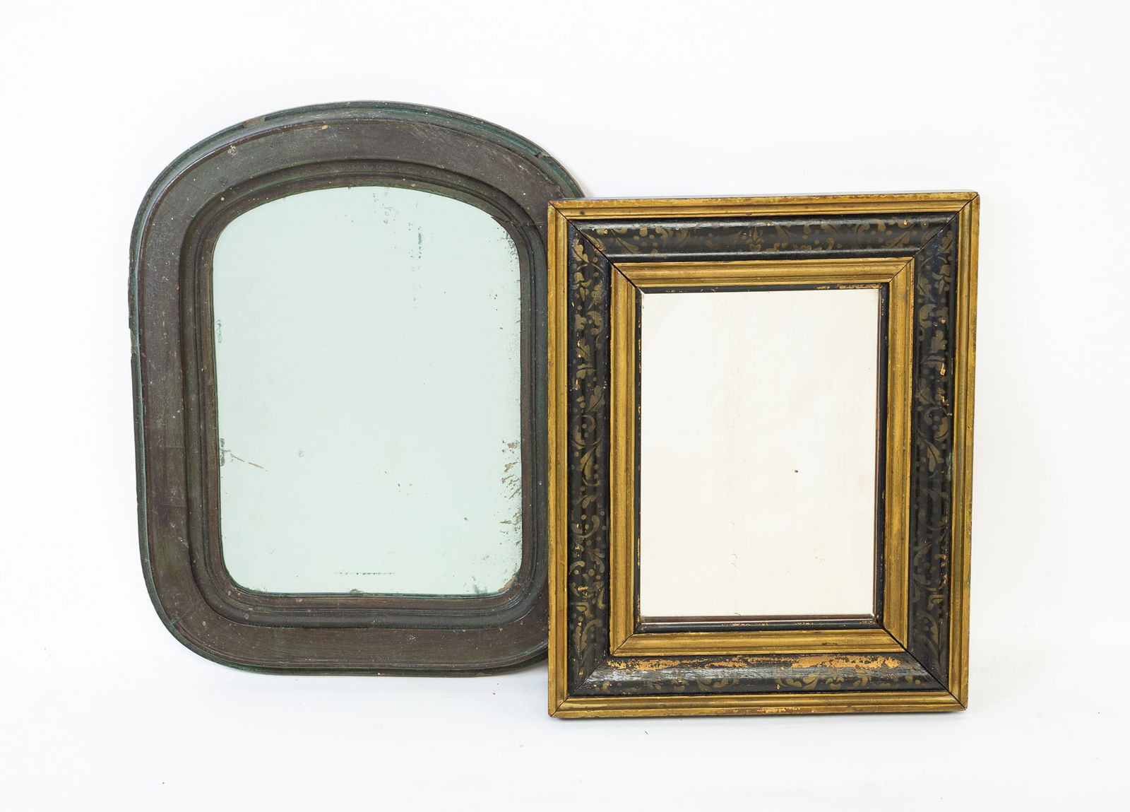 TWO MIRRORS WITH PAINTED WOOD FRAMES. The larger, 16"h. 13"w. (1 of 3)