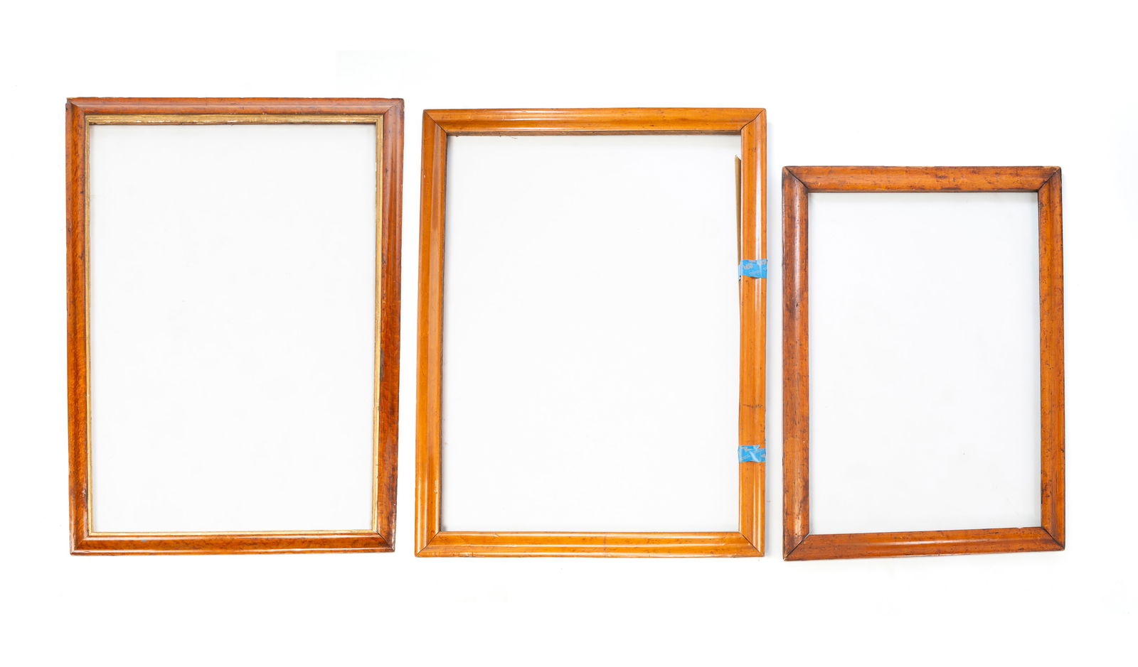 THREE LARGE BIRD'S-EYE MAPLE PICTURE FRAMES. Largest frame, overall, 30"h. 42.5"w. (1 of 7)