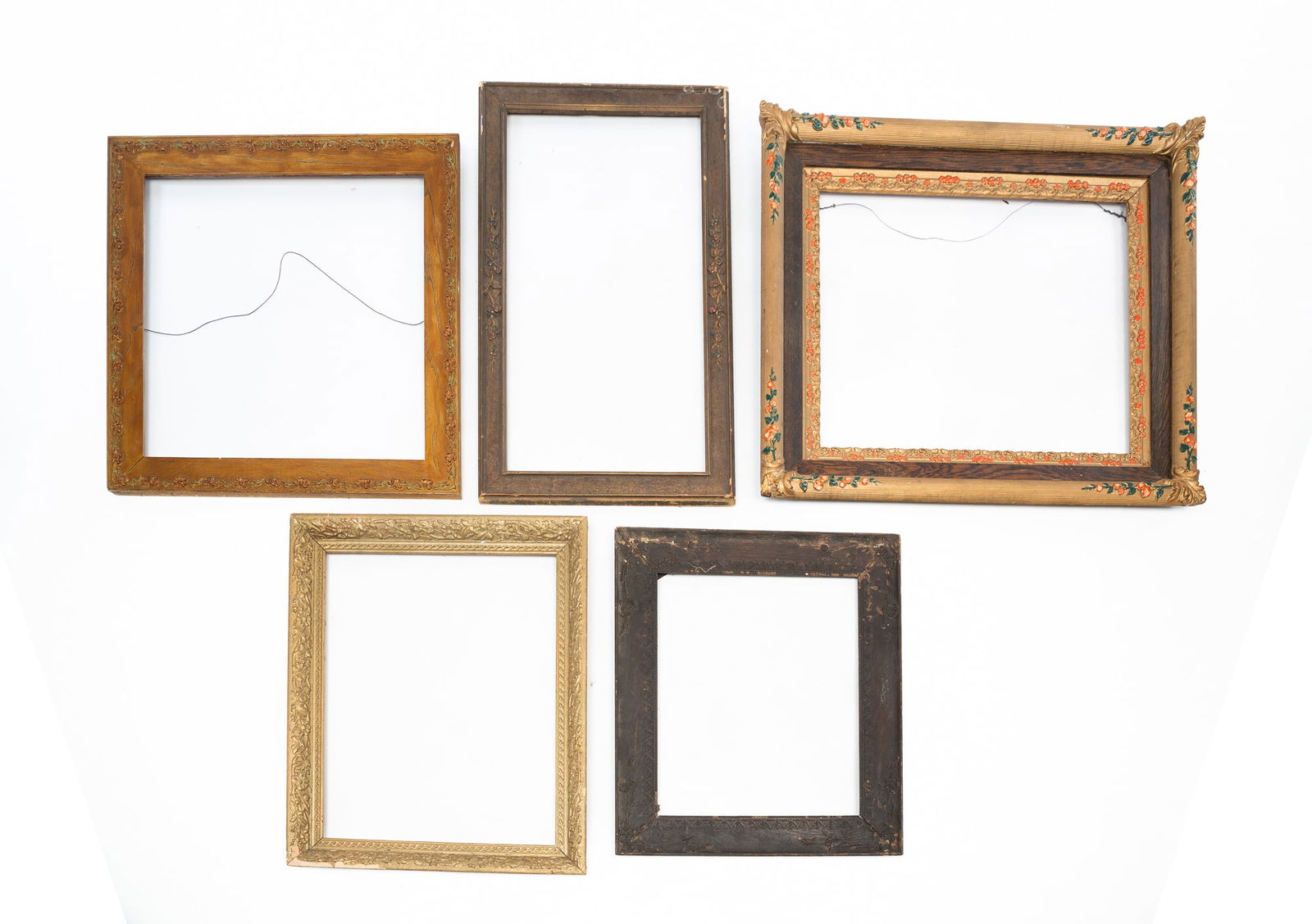 FIVE WOOD AND COMPOSITION PICTURE FRAMES. Largest, 26.25"h. 30"w. Smallest, 22"h. 19.25"w. (1 of 4)