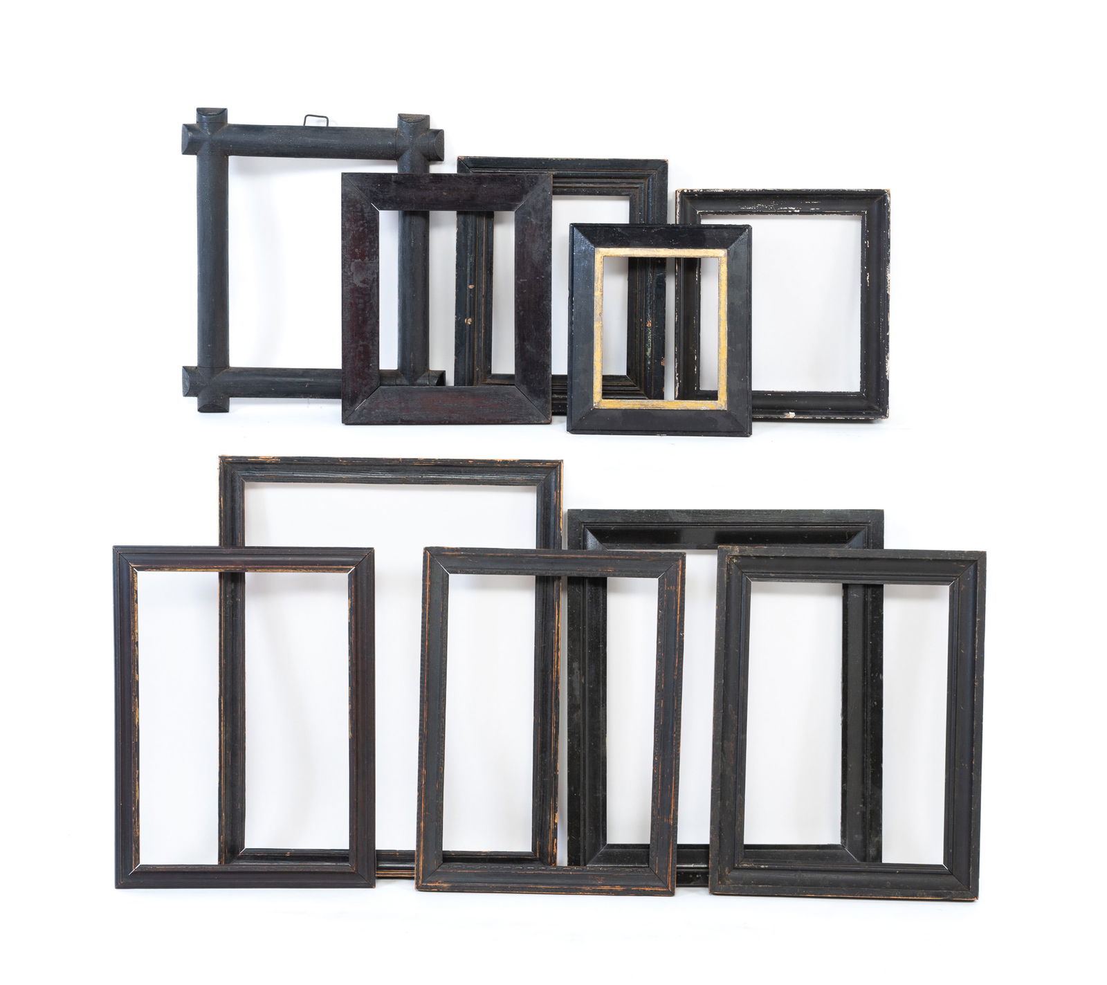 TEN EBONIZED WOOD PICTURE FRAMES. Largest, overall, 20.5"h. 16.5"w. Smallest, overall, 8.25"h. (1 of 8)