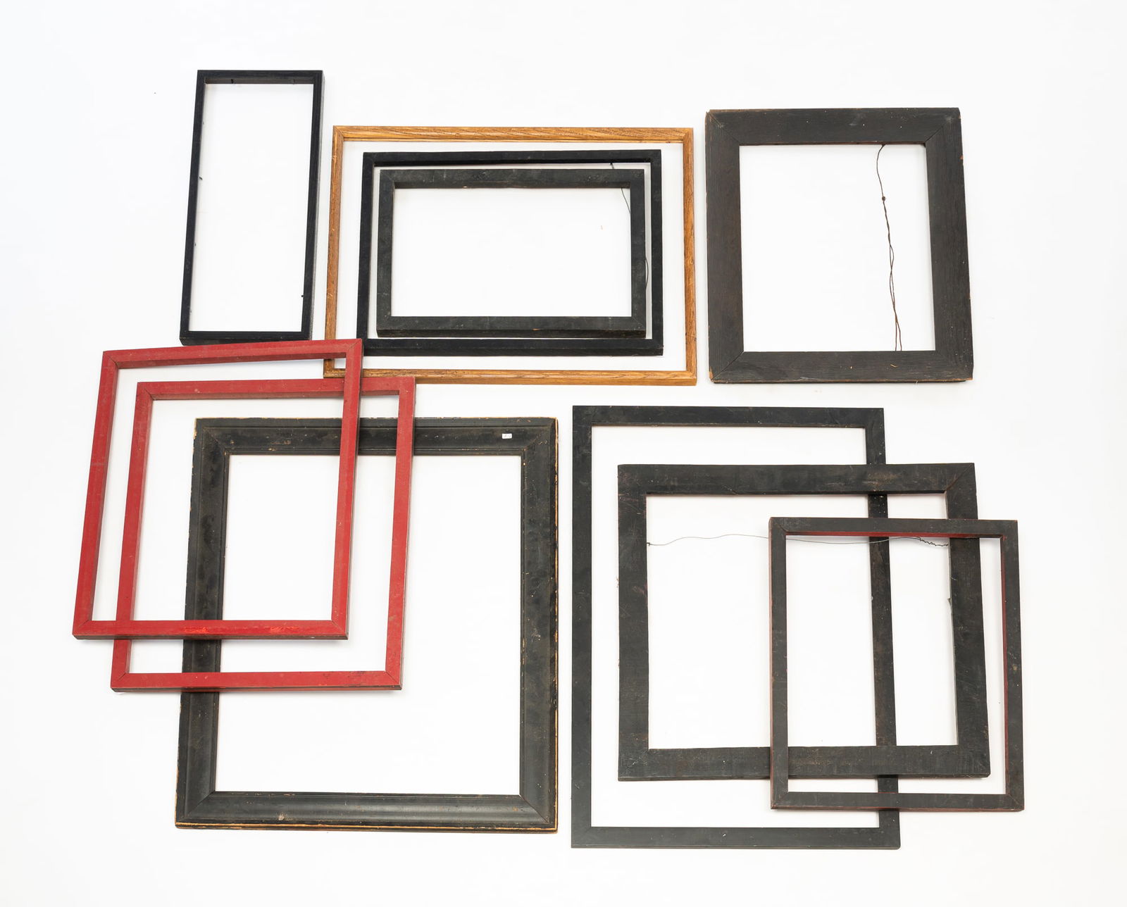 TWELVE WOOD PICTURE FRAMES, INCL. PAINTED EXAMPLES. Largest, 28.5"h. 24.5"w. Smallest, 10.75"w. (1 of 3)
