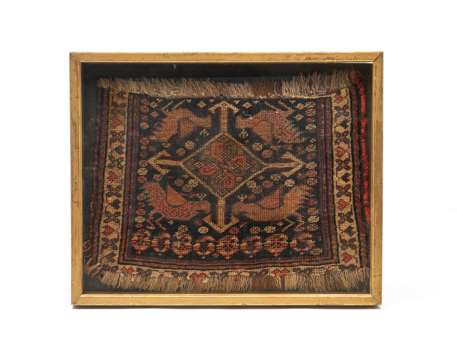 PERSIAN WOOL PICTORAL TRIBAL TABLE MAT. Frame.17 "h. 21"w. Sight. 14.5"h. 18.25"w. (1 of 3)