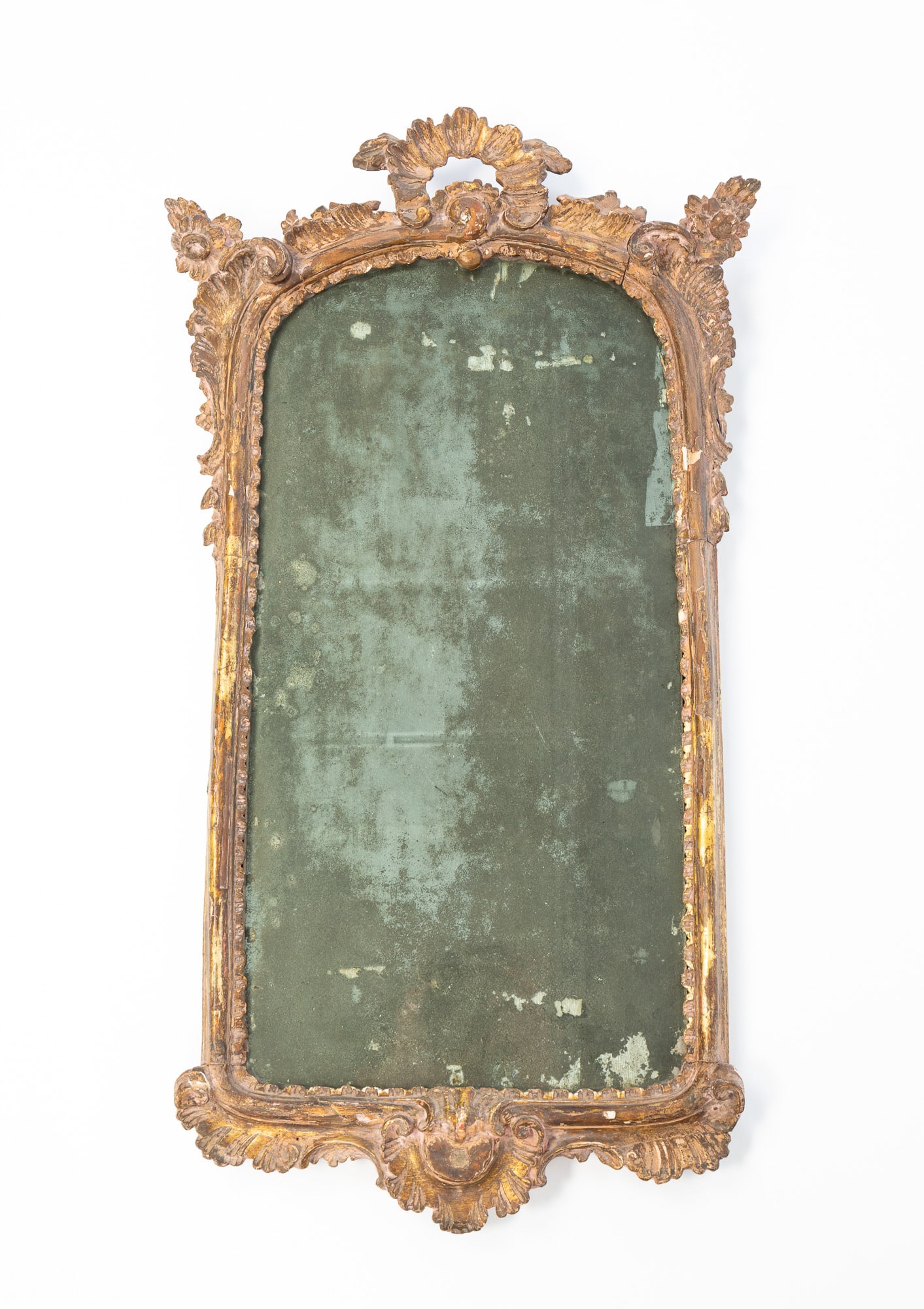 ENGLISH QUEEN ANNE GILTWOOD AND COMPOSITION MIRROR. (1 of 6)