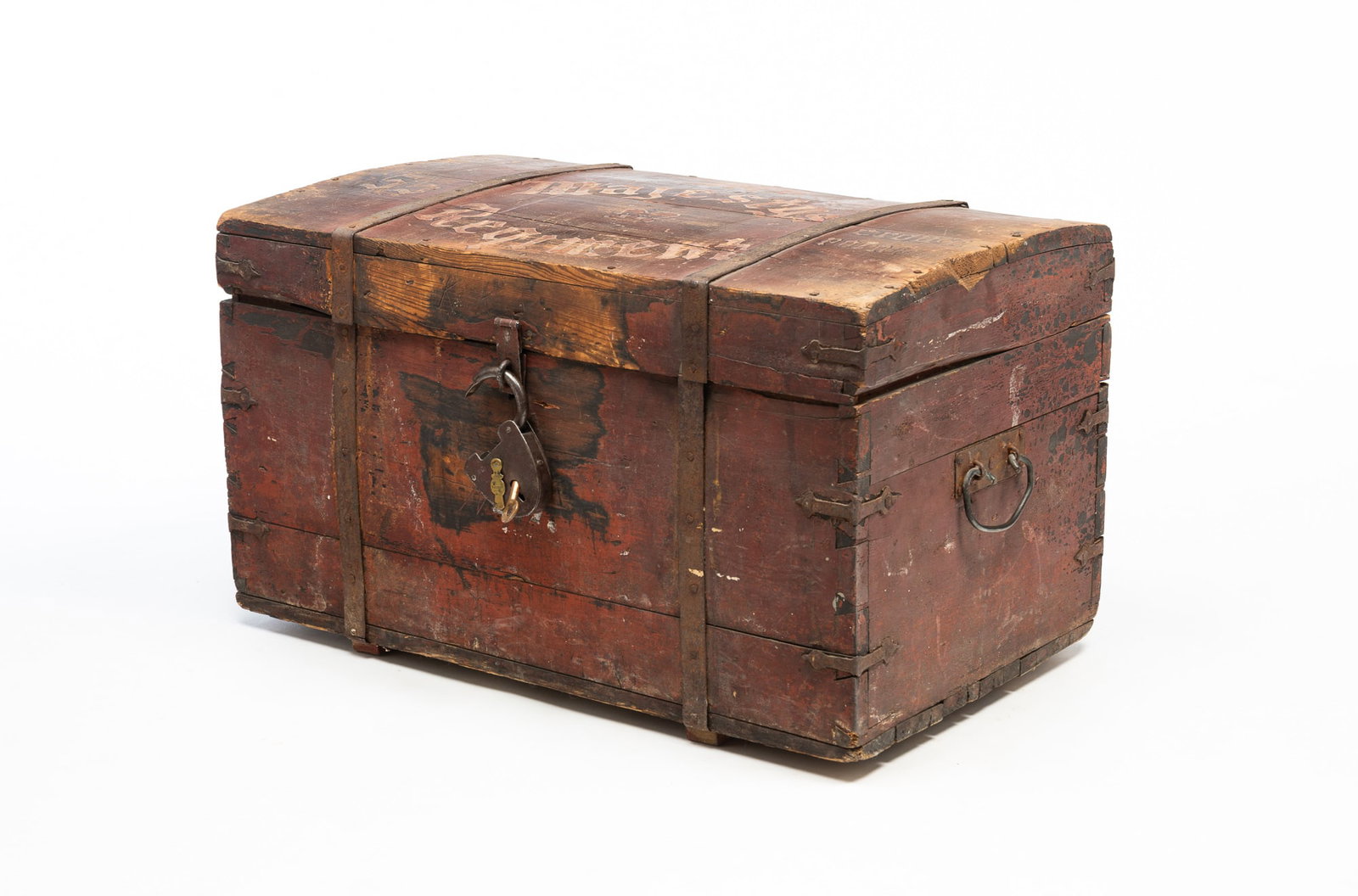ENGLISH IRON-BOUND AND PAINT-DECORATED PINE TRUNK. (1 of 6)