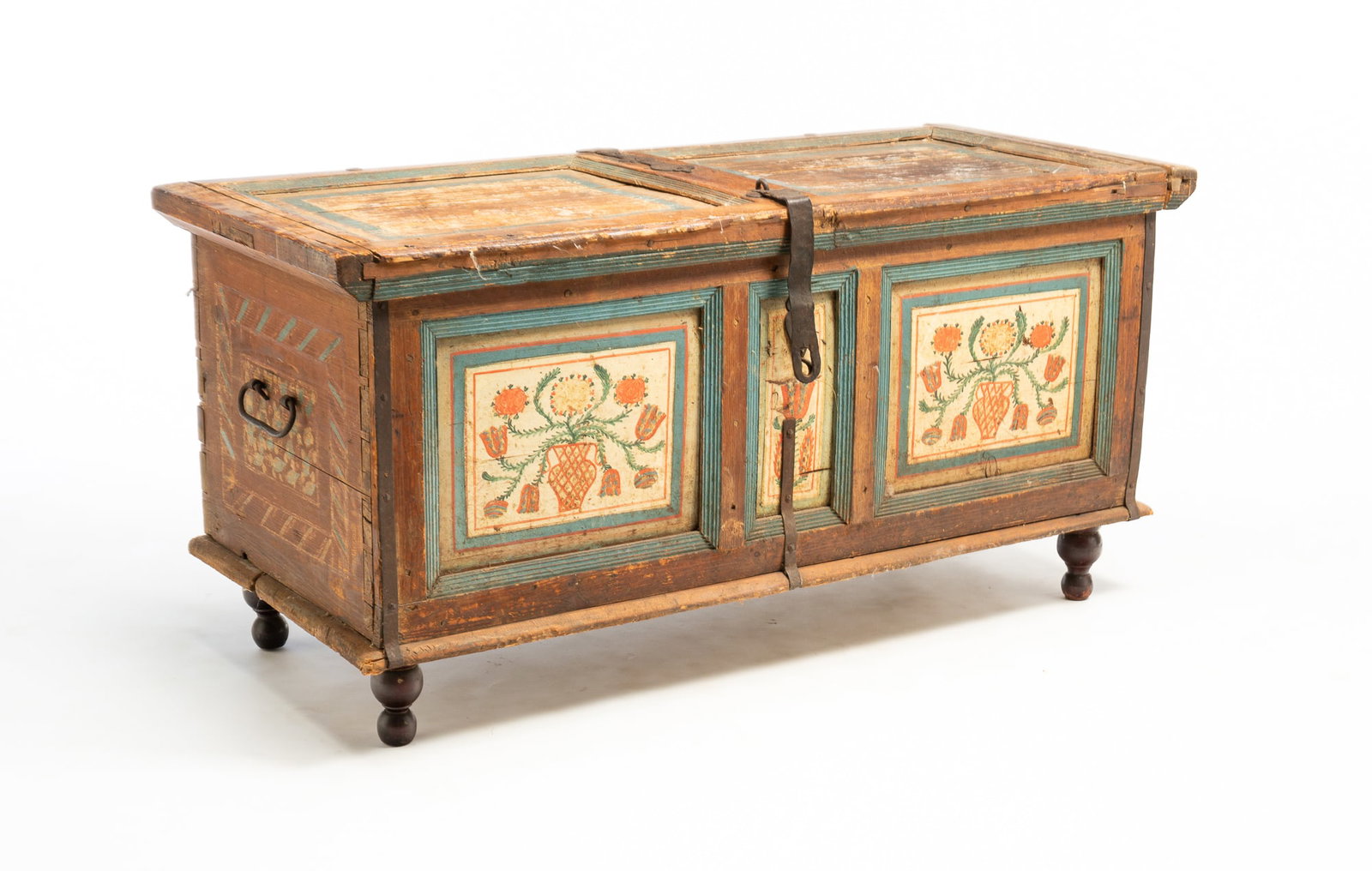 EUROPEAN WROUGHT IRON-MOUNTED AND POLYCHROMED PINE IMMIGRANT'S CHEST. (1 of 6)