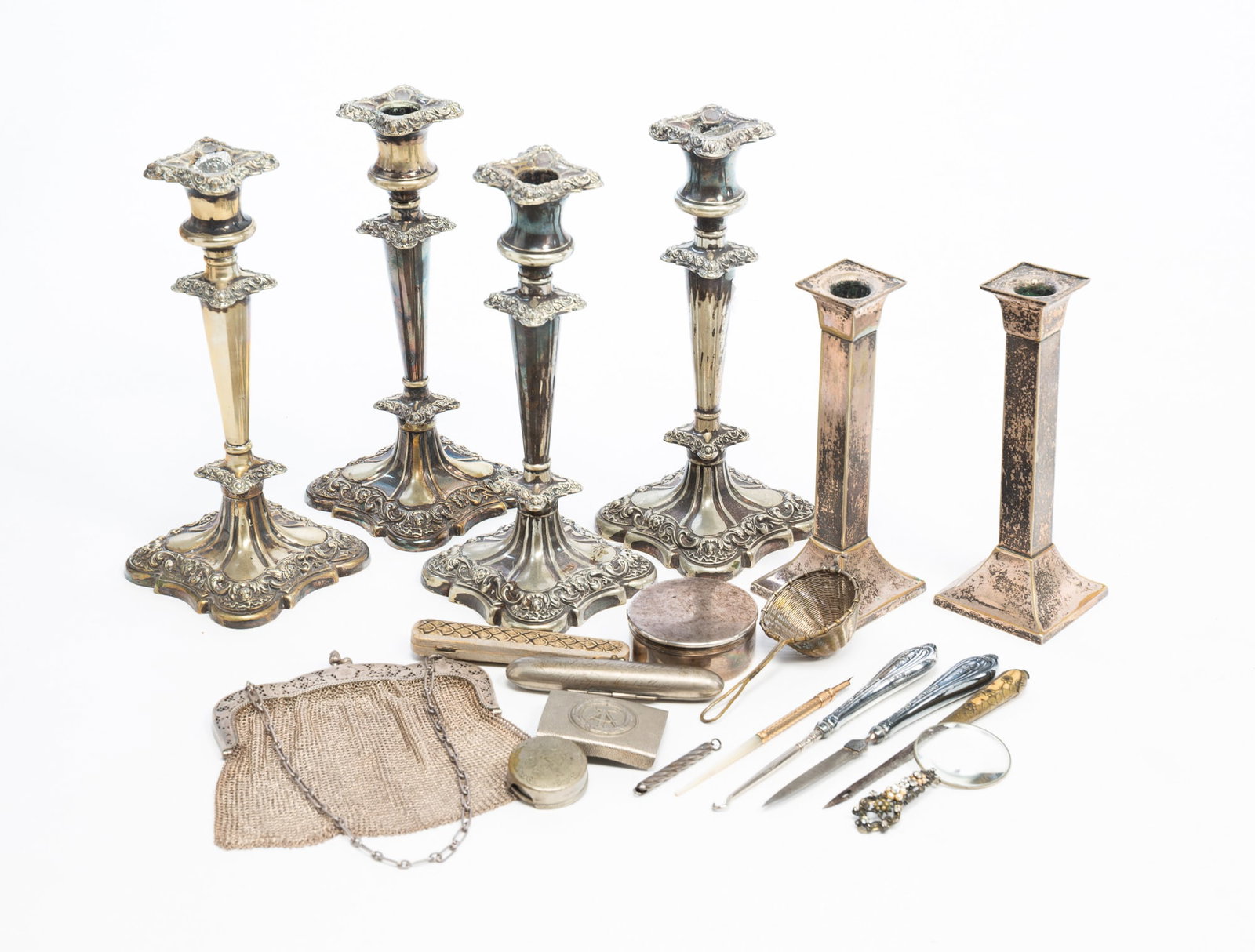 GROUP OF SILVER PLATE ACCESSORIES, INCL. TWO PAIRS OF GORHAM CANDLESTICKS. (1 of 8)