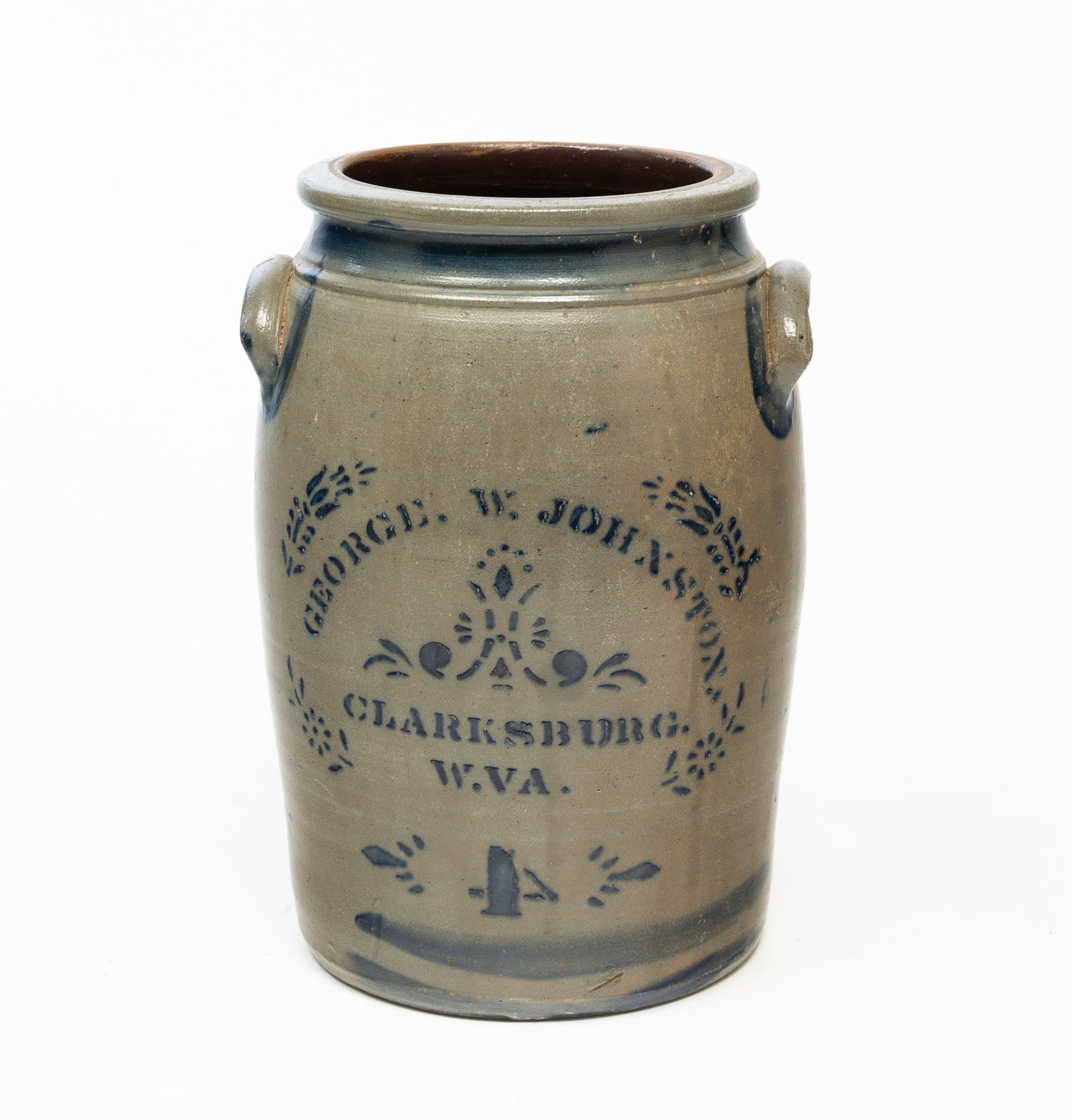 GEORGE W. JOHNSTON (CLARKSBURG, WEST VIRGINIA) FOUR-GALLON COBALT-DECORATED STONEWARE JAR. (1 of 6)