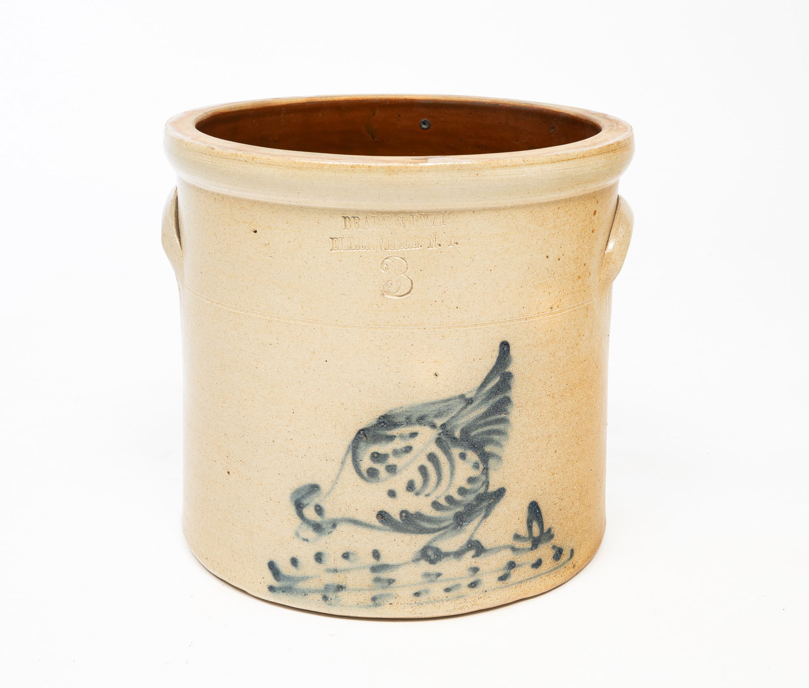 BRADY & RYAN (ELLENVILLE, NEW YORK) COBALT-DECORATED STONEWARE THREE-GALLON CROCK. (1 of 6)