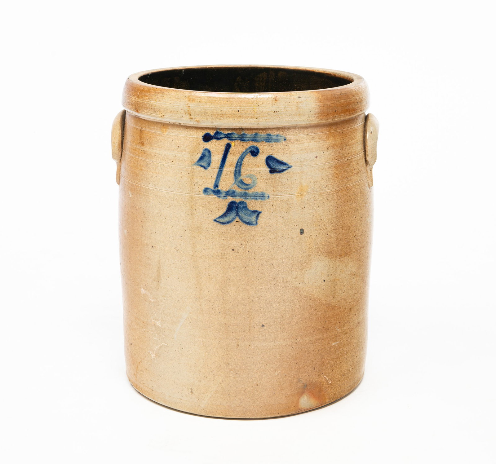 LARGE AMERICAN COBALT-DECORATED STONEWARE SIXTEEN-GALLON CROCK.: 20th Century. Cylindrical form, applied strap handles and cobalt "16" with flourishes to front. 19.5"h. 16"d.