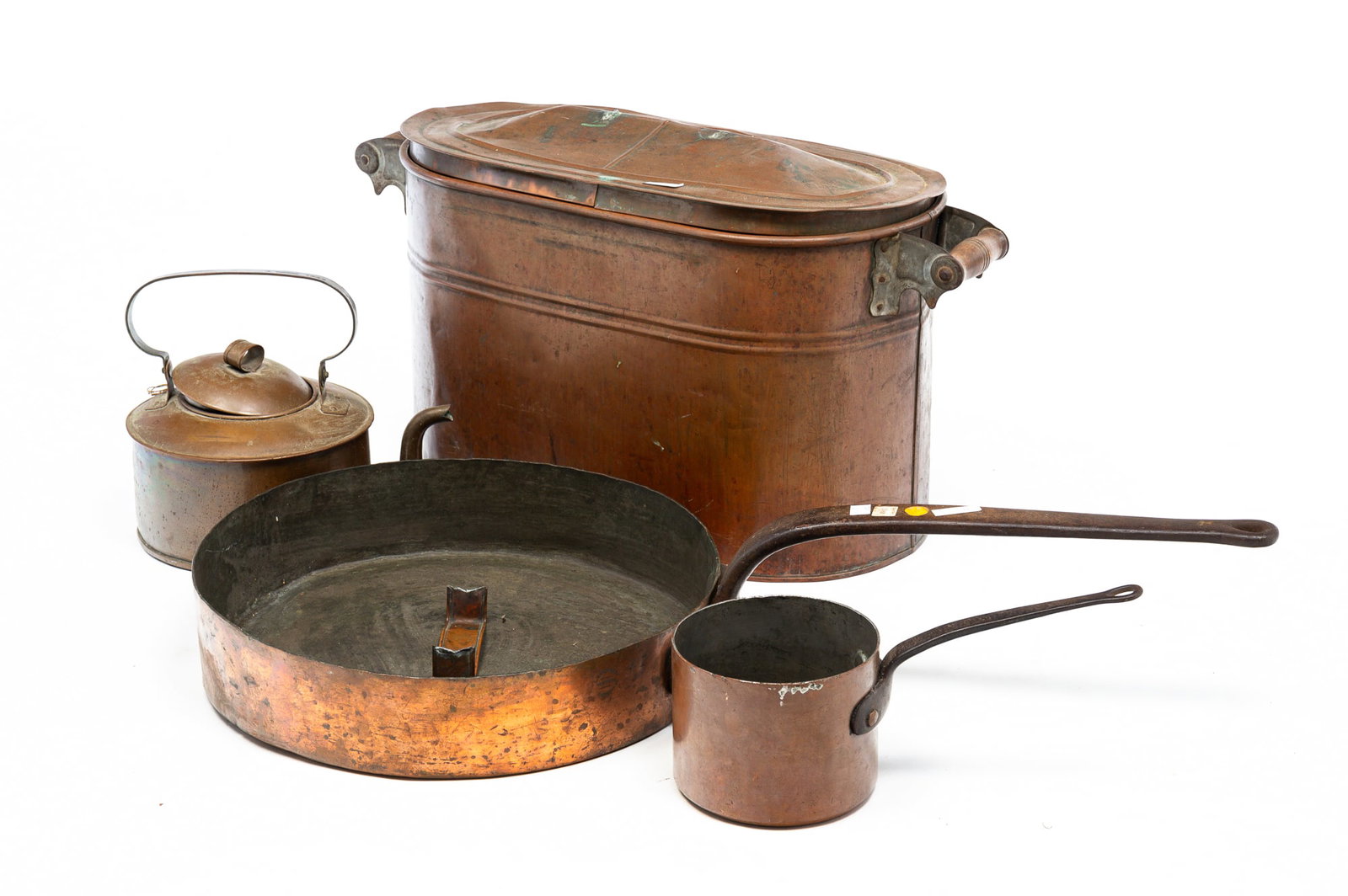 FOUR COPPER ITEMS, INCL. V. OLAD & SONS (PHILADELPHIA, PENNSYLVANIA) IRON-HANDLED PAN. (1 of 2)