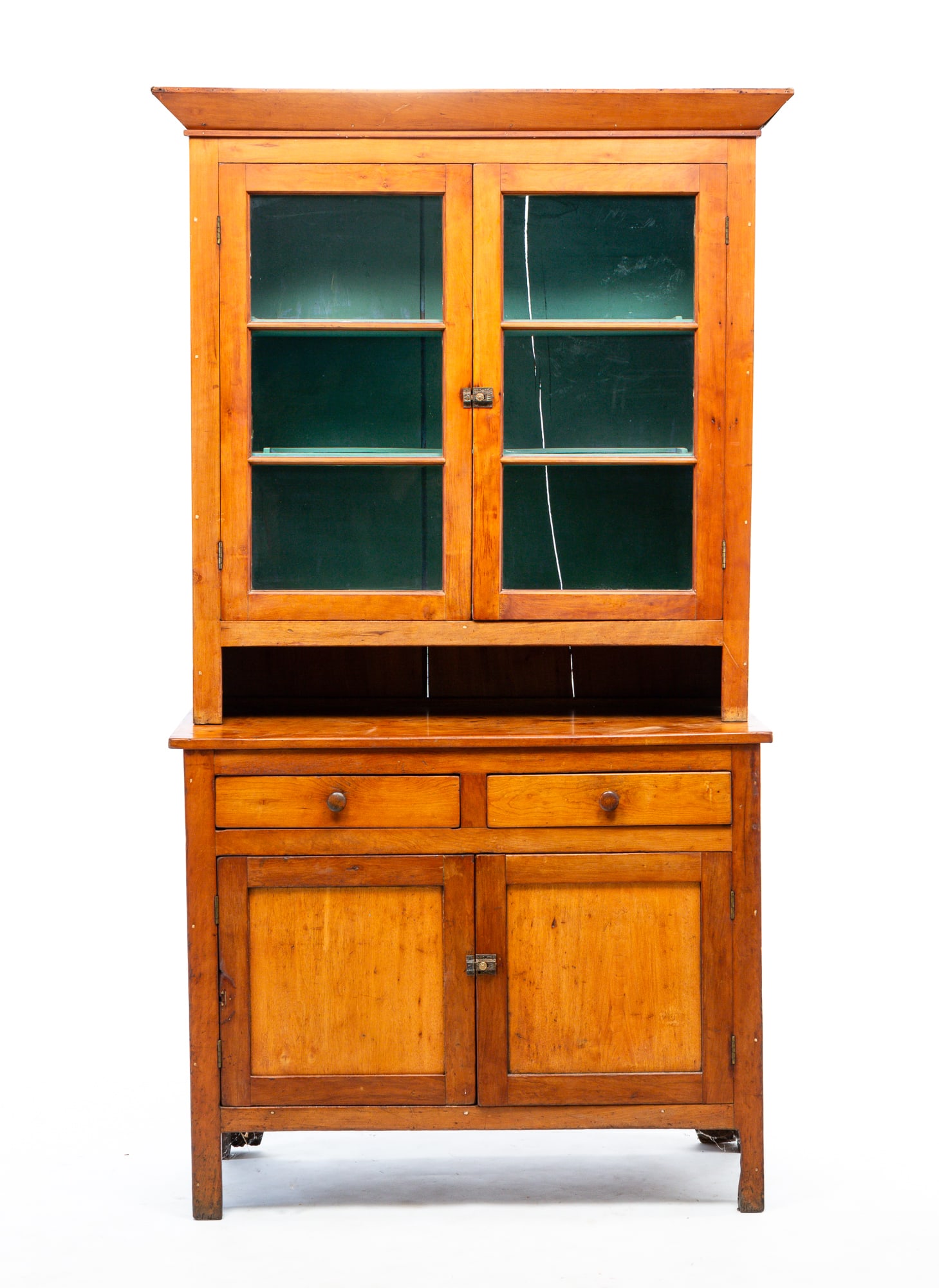 TWO-PIECE AMERICAN COUNTRY CHERRY STEPBACK CUPBOARD. (1 of 7)