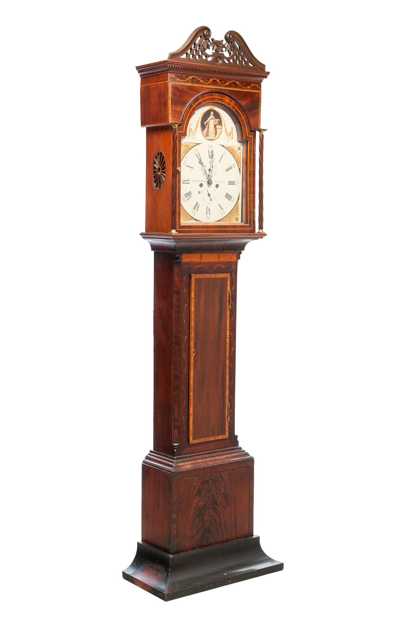 R. SOMERWELL (GLASGOW, SCOTLAND) LATE GEORGE III INLAID MAHOGANY TALL CASE CLOCK. (1 of 11)