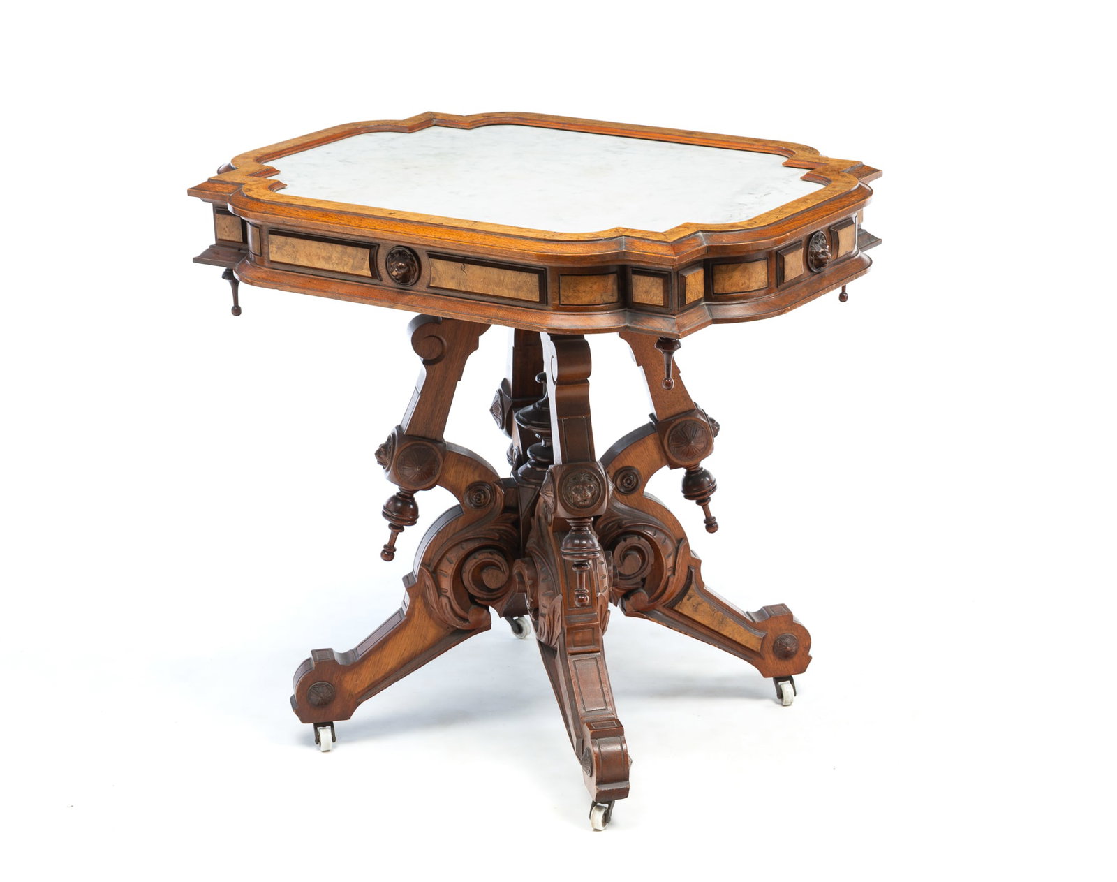 VICTORIAN WALNUT, BURL WALNUT, AND MARBLE TOP HIGH STYLE PARLOR TABLE. (1 of 4)