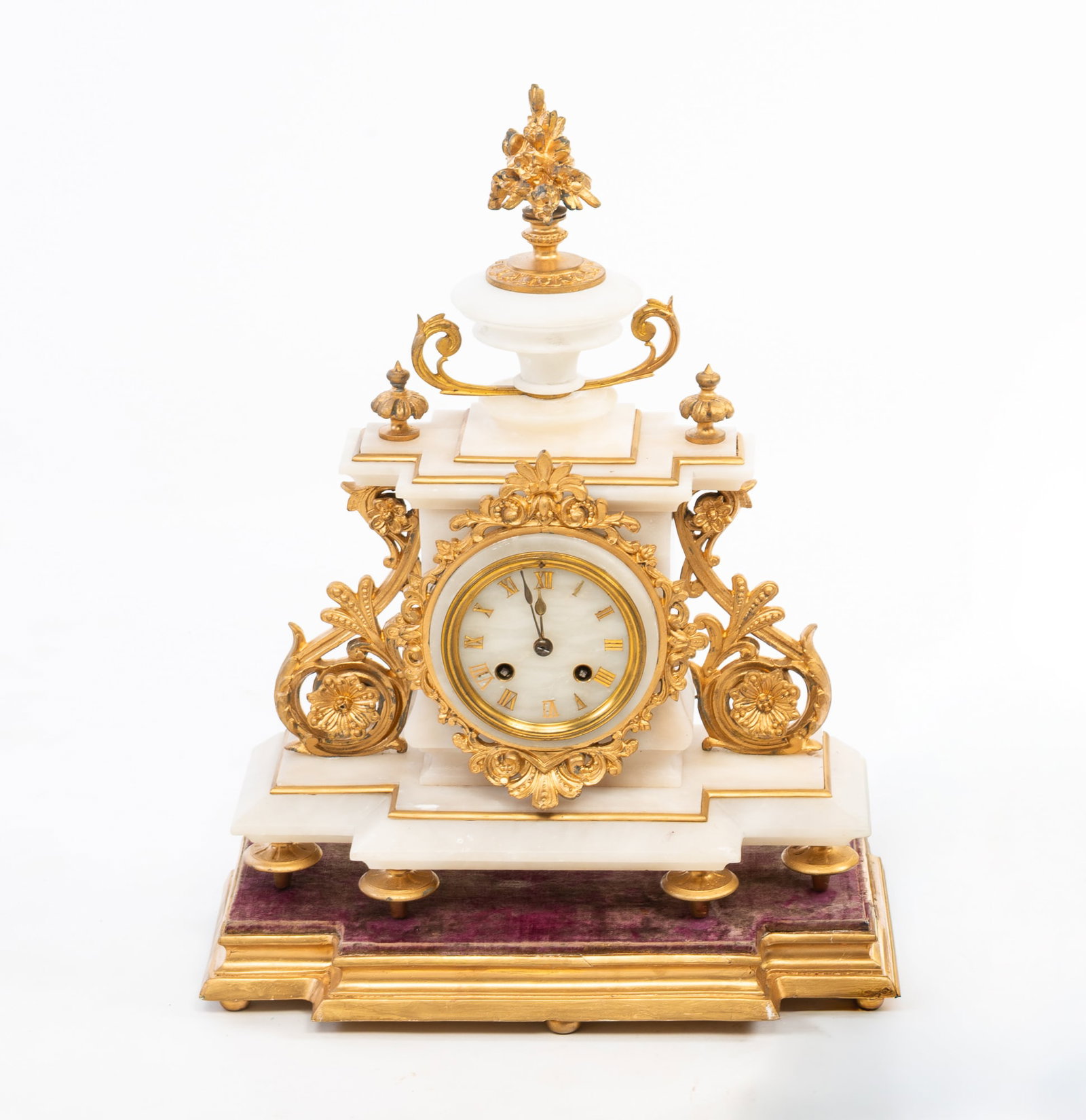 EUROPEAN OROMOLU AND WHITE MARBLE MANTEL CLOCK WITH GLASS DOME. (1 of 4)