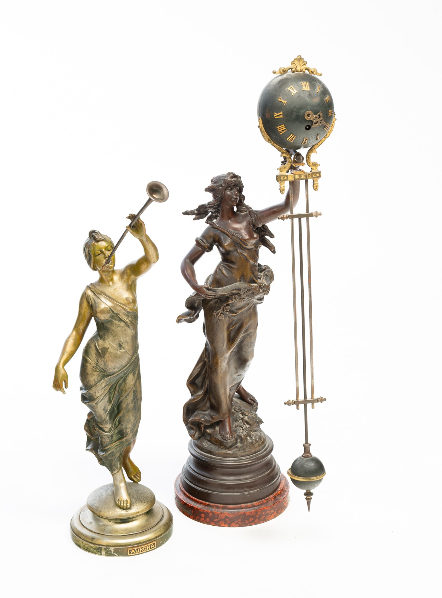 AFTER AUGUSTE MOREAU (FRENCH, 1834-1917) TWO ART NOUVEAU FEMALE FIGURES, INCL. PENDULUM CLOCK. (1 of 8)