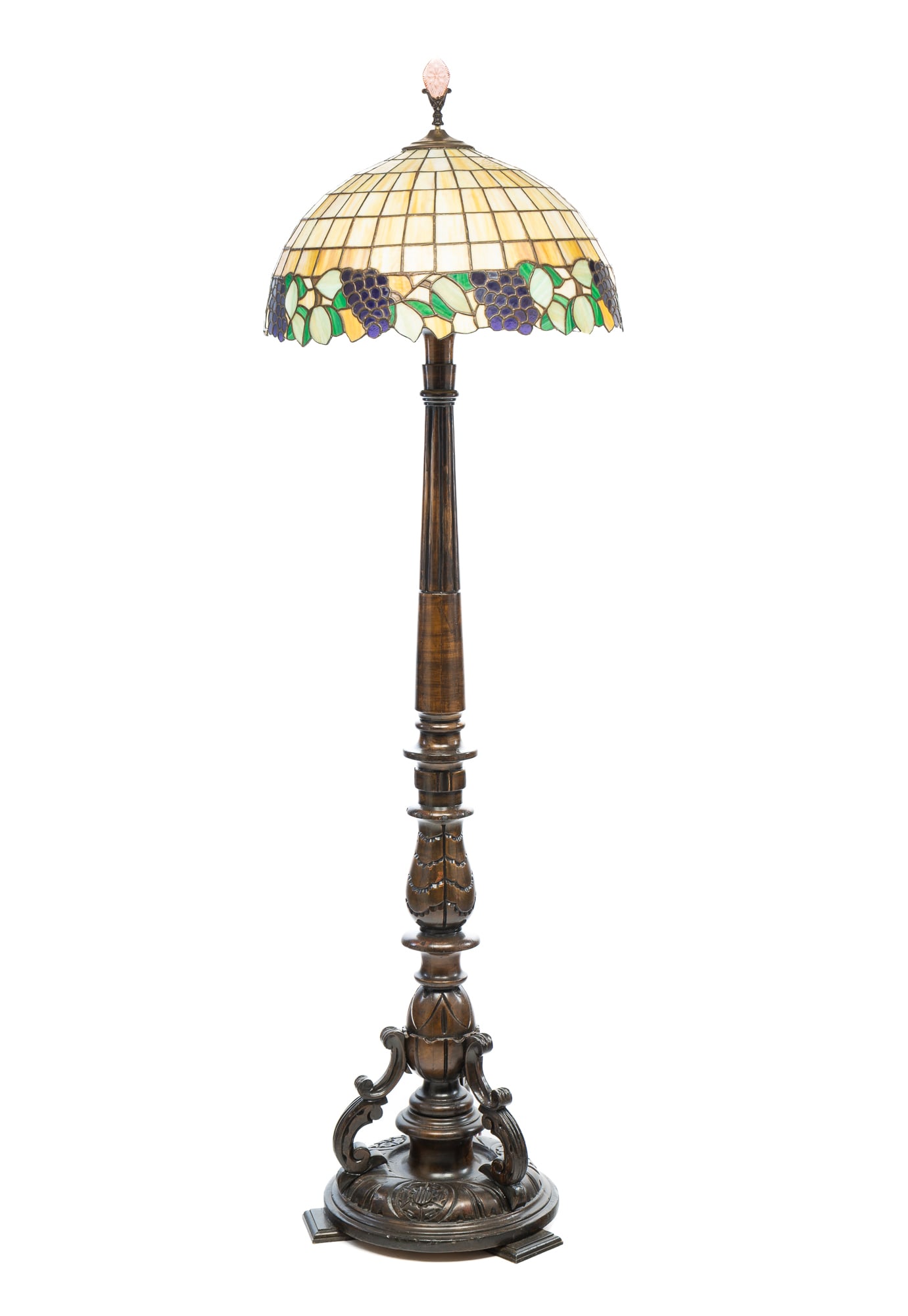 AMERICAN TURNED AND CARVED FLOOR LAMP WITH STAINED AND LEADED GLASS SHADE. (1 of 6)