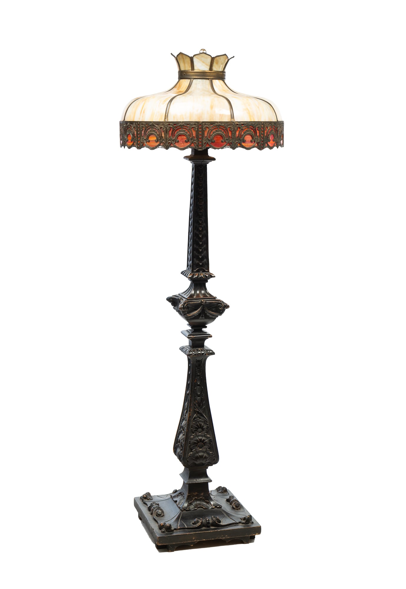 AMERICAN CARVED FLOOR LAMP WITH PANELED SLAG GLASS SHADE. (1 of 8)