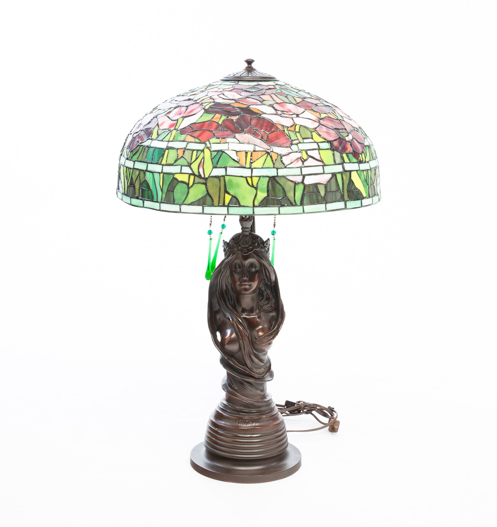 AFTER ALPHONSE MUCHA (CZECH, 1860-1939) ART NOUVEAU STYLE BRONZE TABLE LAMP WITH SLAG GLASS SHADE. (1 of 6)