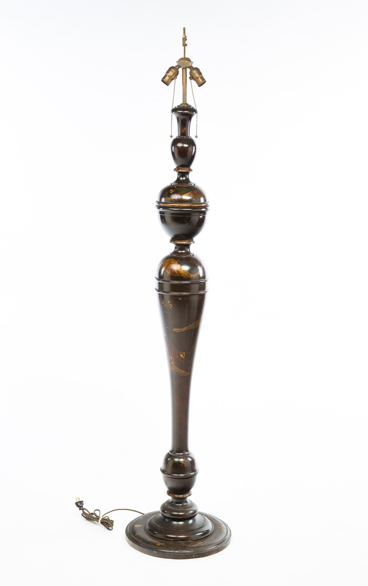 AMERICAN TURNED WOOD CHINOISERIE FLOOR LAMP.: First half 20th Century. Bulbous turnings on a round foot, black lacquer, Asian scenes, and costumed figures with gold trim. Double socket fixture. 70"h.