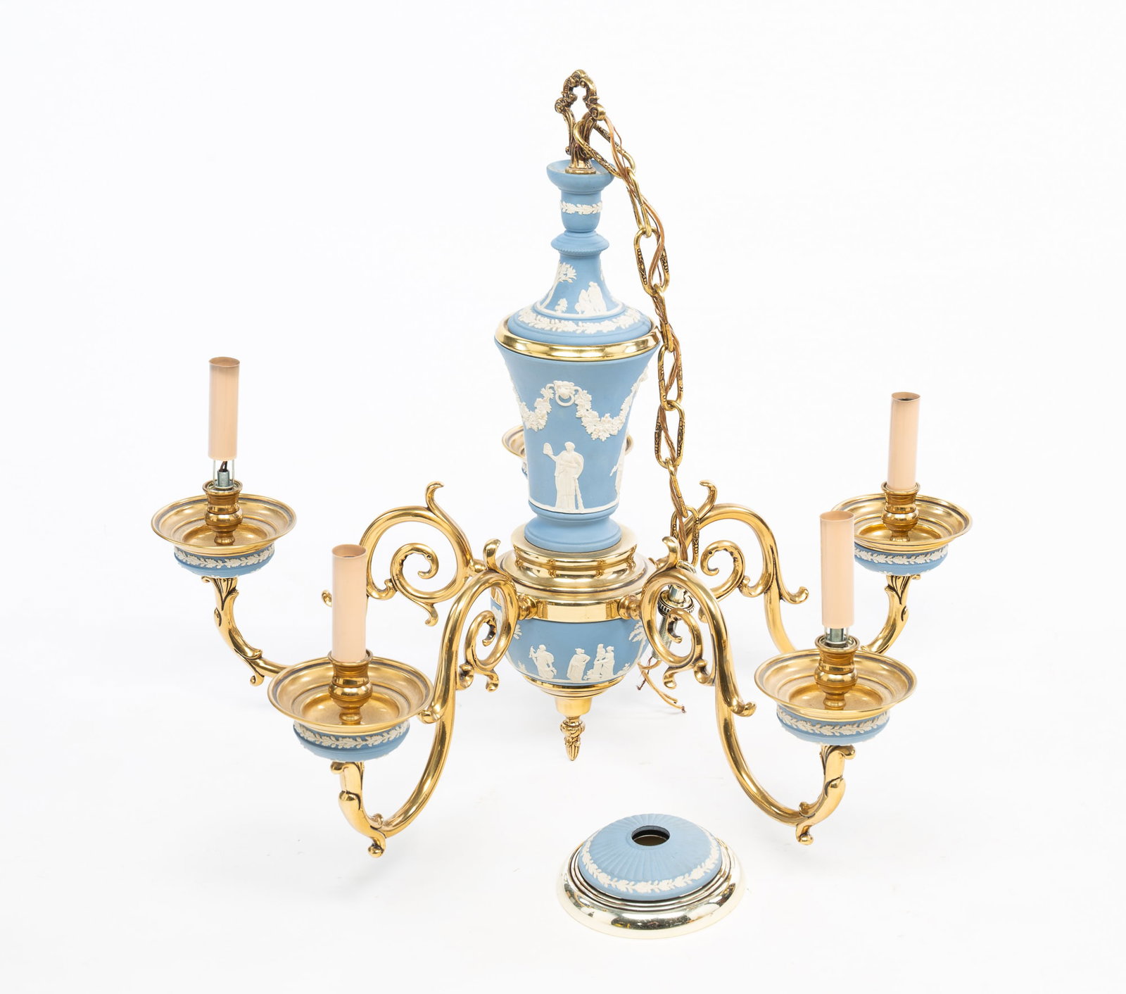 WEDGWOOD JASPERWARE AND GILT BRONZE FIVE-LIGHT CHANDELIER. (1 of 5)
