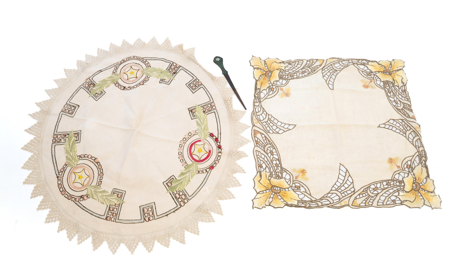 ARTS AND CRAFTS ENAMELED BRONZE LETTER OPENER AND TWO EMBROIDERED LINENS. (1 of 5)