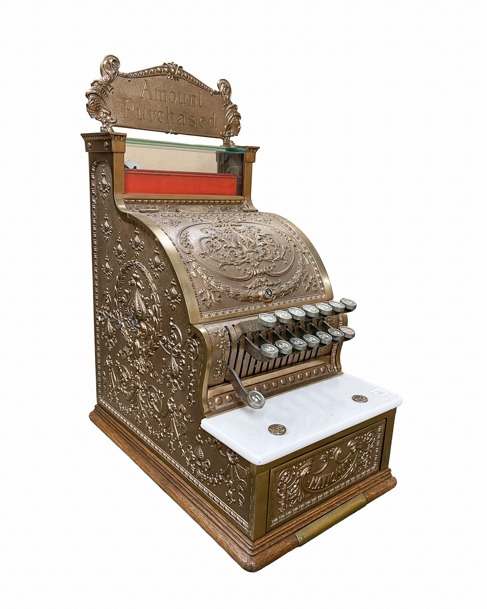 NATIONAL CASH REGISTER CO. (DAYTON, OHIO) BRASS "MODEL 313".: American, ca. 1910. Brass cast in ornate decoration, case numbered 1381354, "Amount Purchased" plaque on top of glass gallery with pop-up numbers, case with 15 keys and hinged top, with a marble shelf