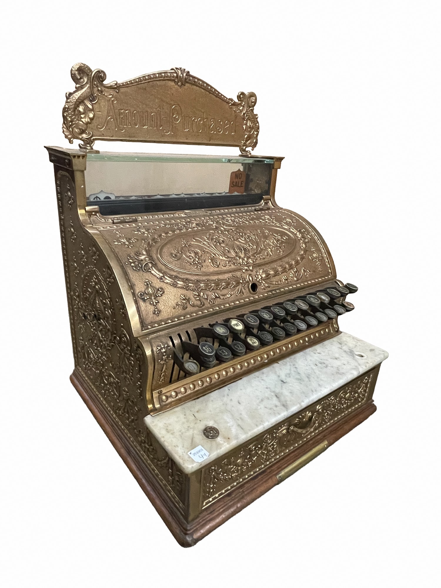 NATIONAL CASH REGISTER CO. (DAYTON, OHIO) BRASS "MODEL 349".: American, ca. 1900. Brass cast in ornate decoration, case numbered 931625, "Amount Purchased" plaque on top of glass gallery with pop-up numbers, case with 27 keys and hinged top, with a marble shelf