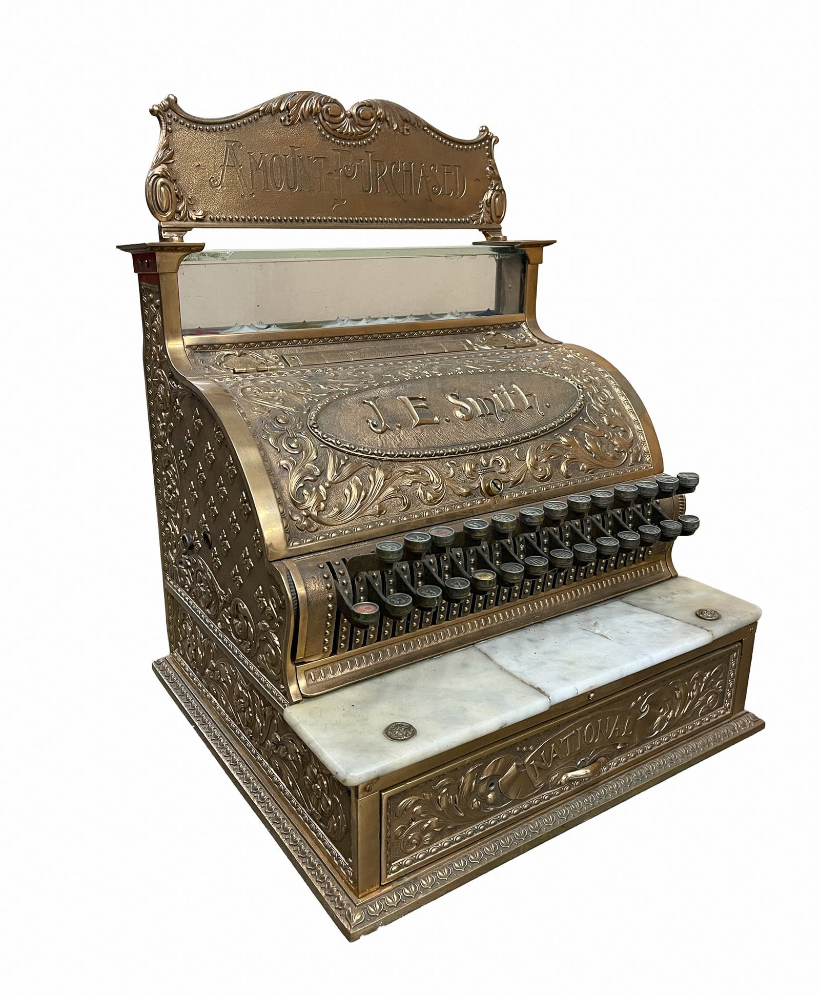 NATIONAL CASH REGISTER CO. (DAYTON, OHIO) BRASS "MODEL 39 1/2".: Ca. 1896. Brass cast in ornate decoration, factory number 162450, size number 39 1/2, "Amount Purchased" plaque on top of glass gallery with pop-up numbers, rare "J.E. Smith" embossed on hinged cover,