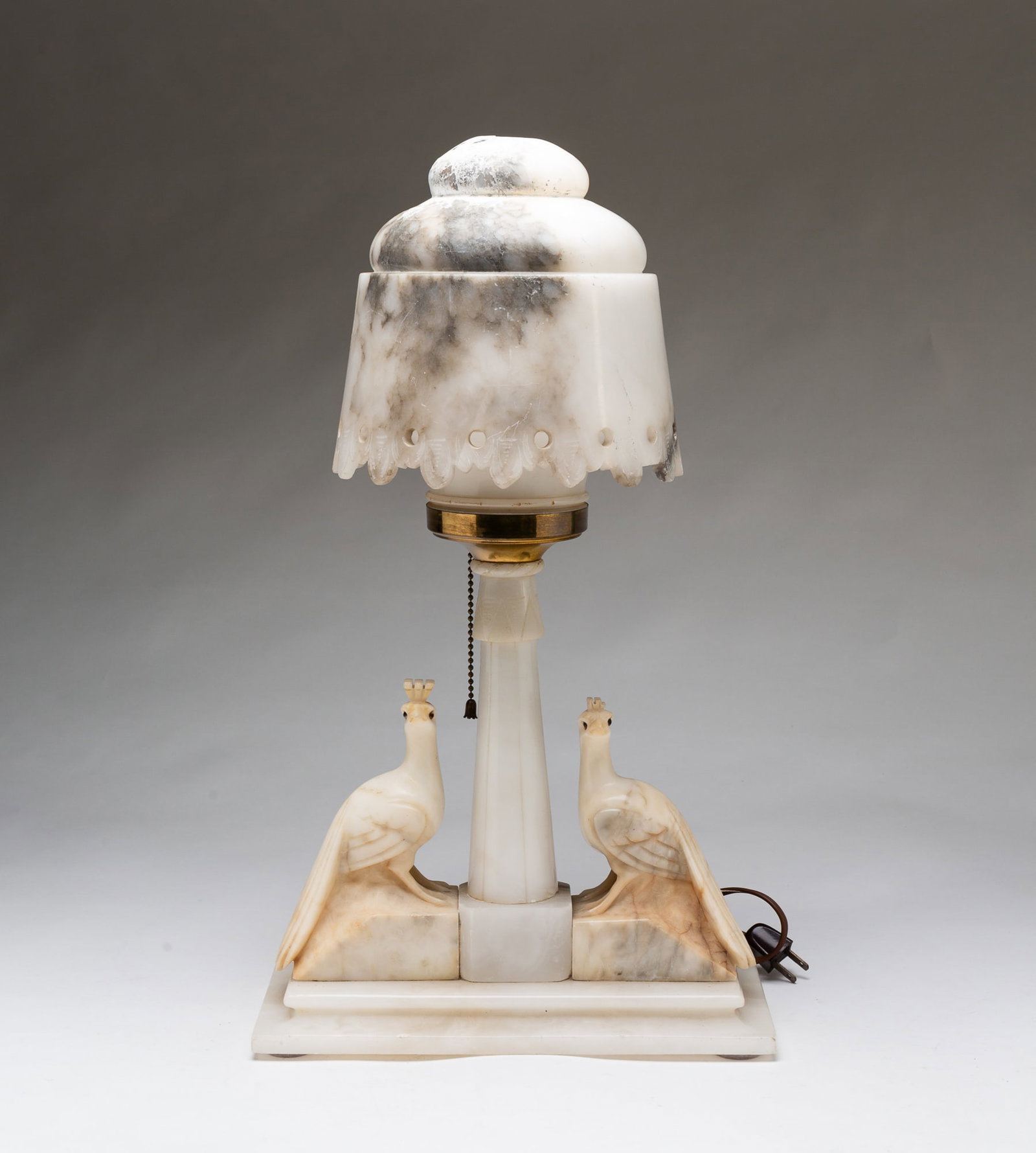 EUROPEAN MARBLE TABLE LAMP WITH PEACOCKS. (1 of 7)