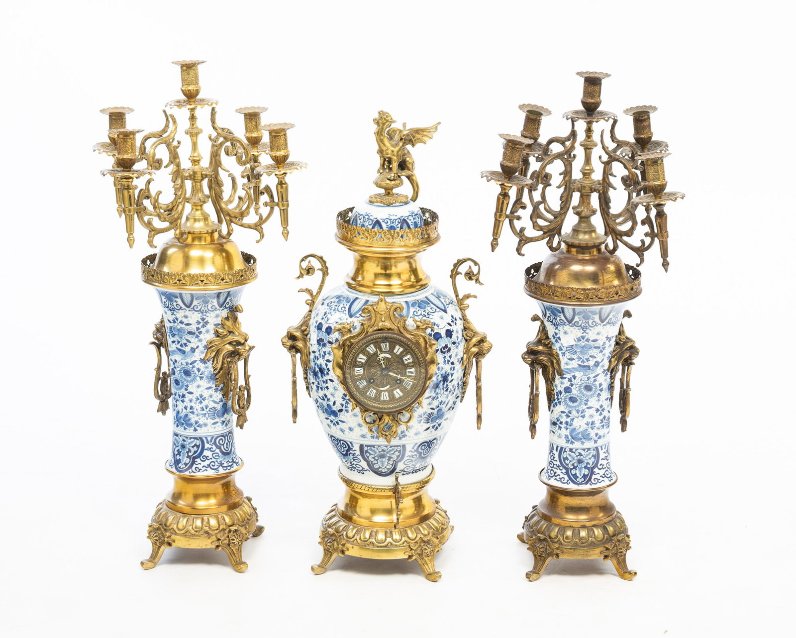 EUROPEAN MANTLE CLOCK WITH GARNITURE AND TIN GLAZE FAIENCE INSERTS. (1 of 9)