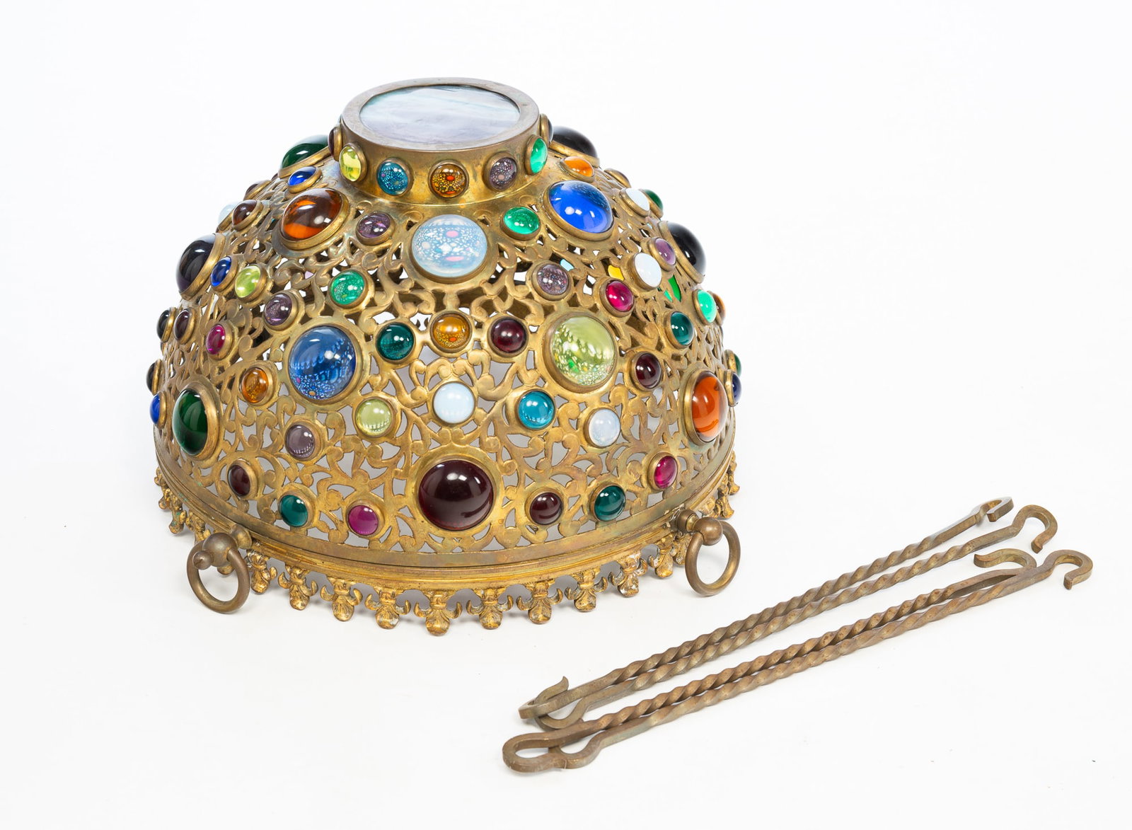 VICTORIAN BRASS HALL LIGHT WITH GLASS CABOCHONS. (1 of 6)