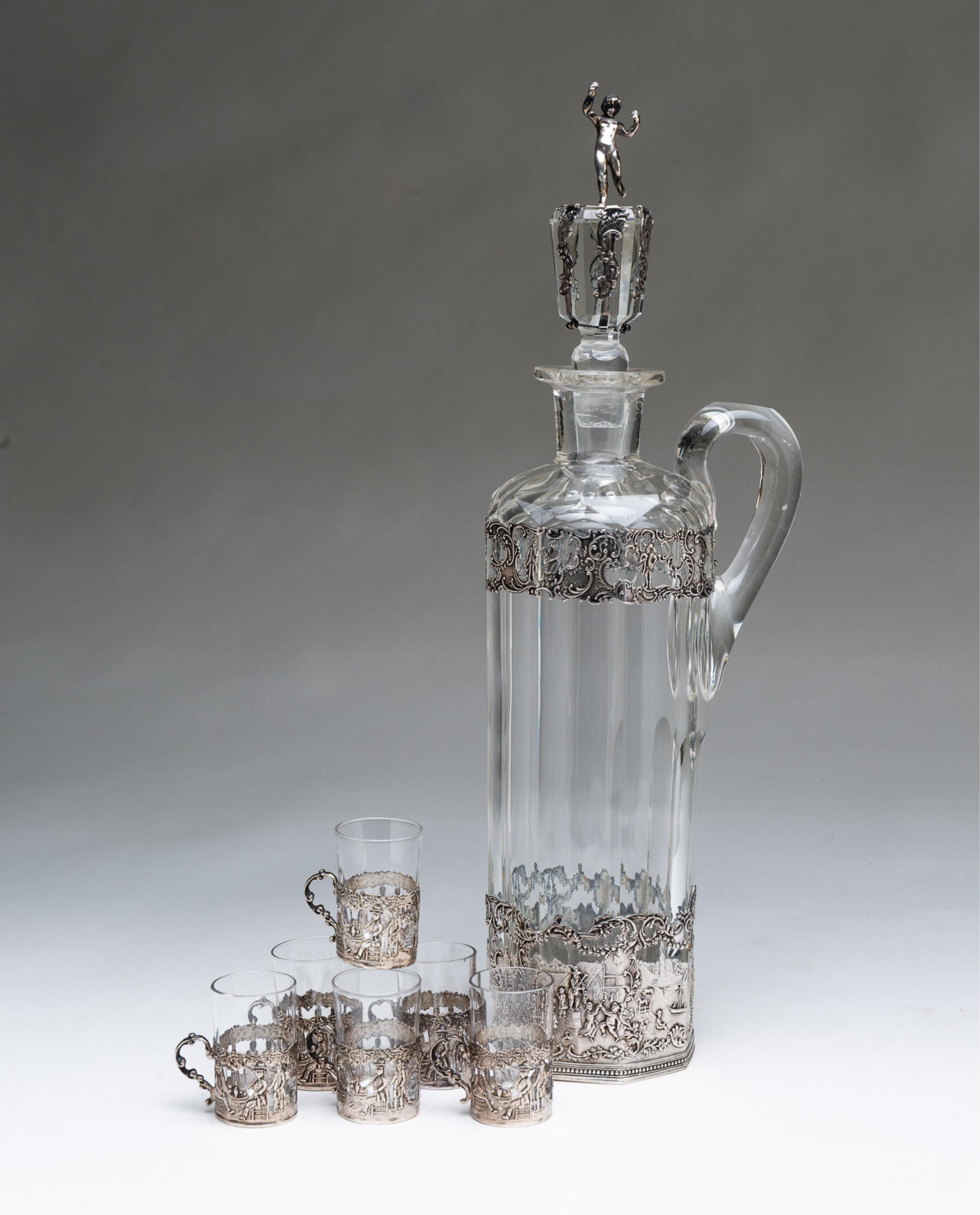 SILVER-MOUNTED GLASS DECANTER AND CUPS. (1 of 6)