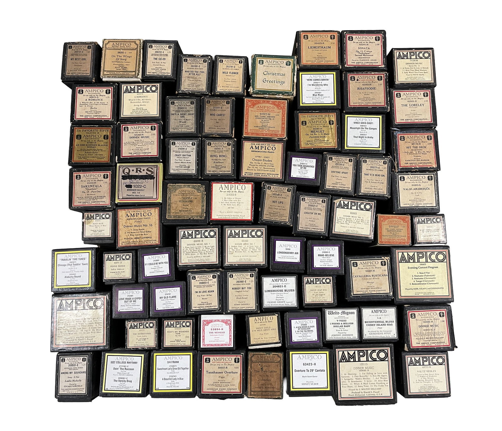 LARGE COLLECTION OF AMPICO REPRODUCING PIANO ROLLS.: 20th Century. Single, double, and multiple song rolls. Popular music, including "Crazy Rhythm", Doin' The Raccoon", "The Varsity Drag", and many more. Classical music, including Wagner, Chopin Etudes,