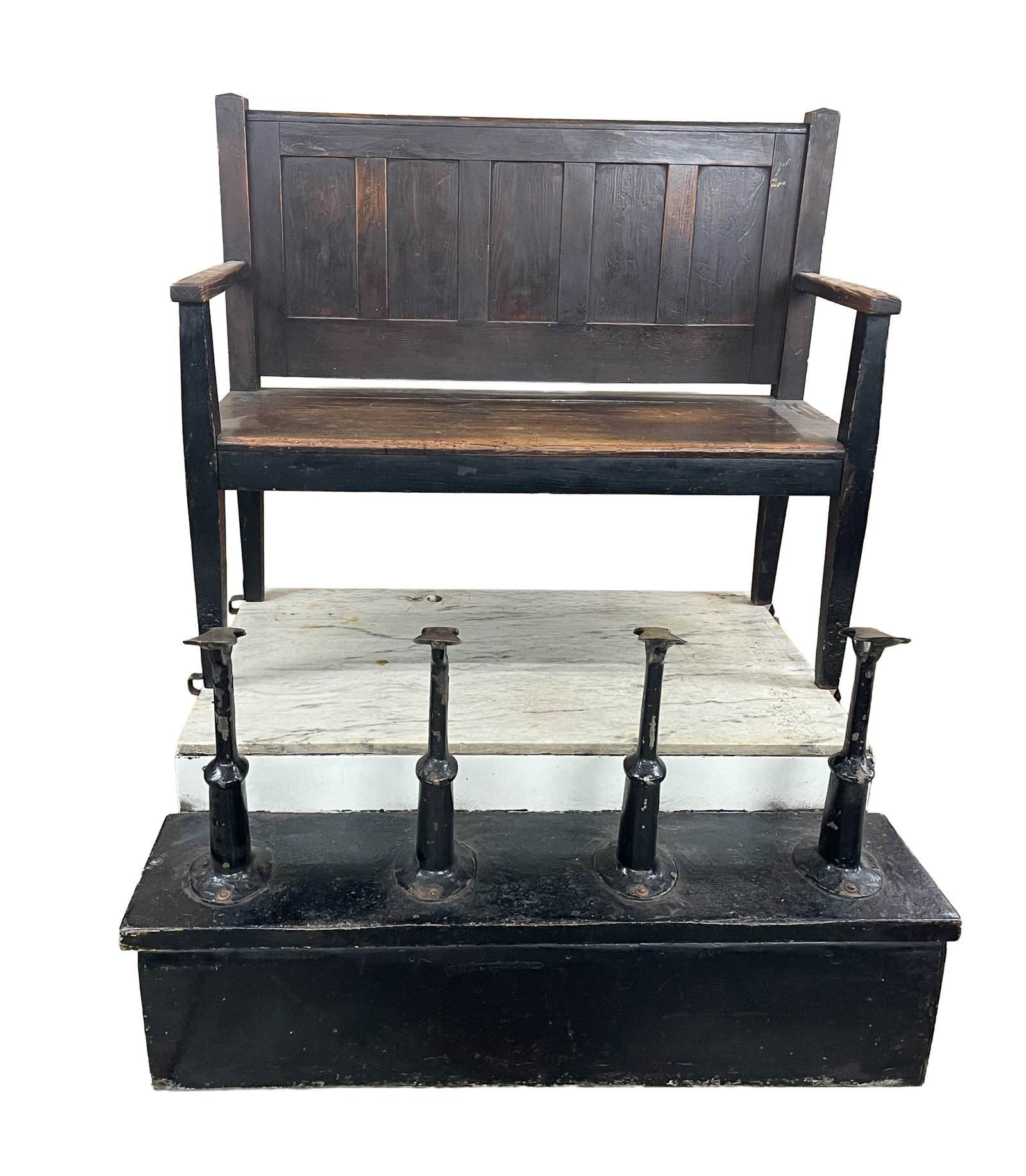 ANTIQUE TWO-SEAT AMERICAN PINE SHOESHINE BENCH WITH MARBLE AND IRON BASE. (1 of 6)