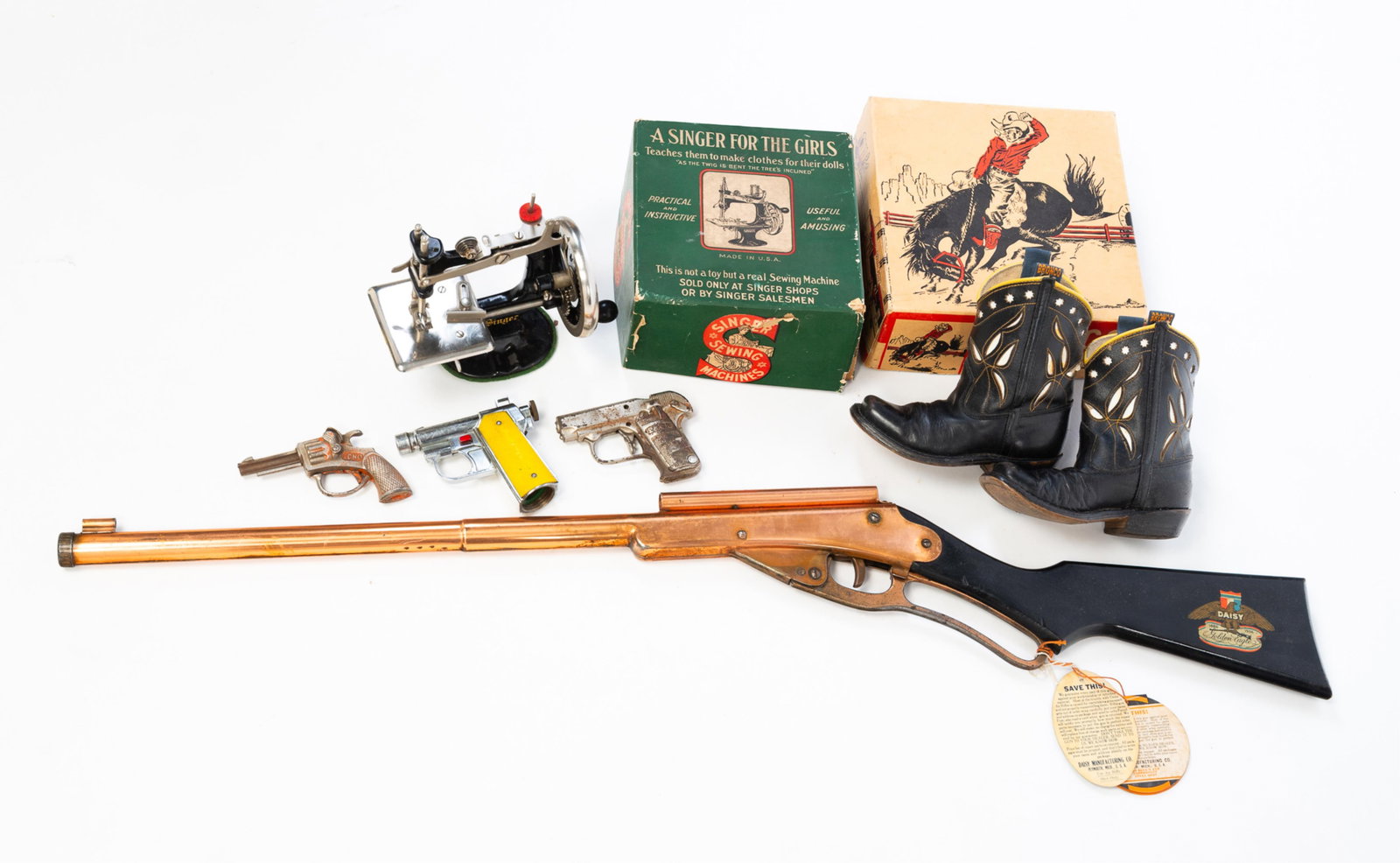 TOY COLLECTION, INCL. 1936 DAISY AIR RIFLE, SINGER FOR THE GIRLS, CHILDREN'S BRONCO COWBOY BOOTS, (1 of 6)