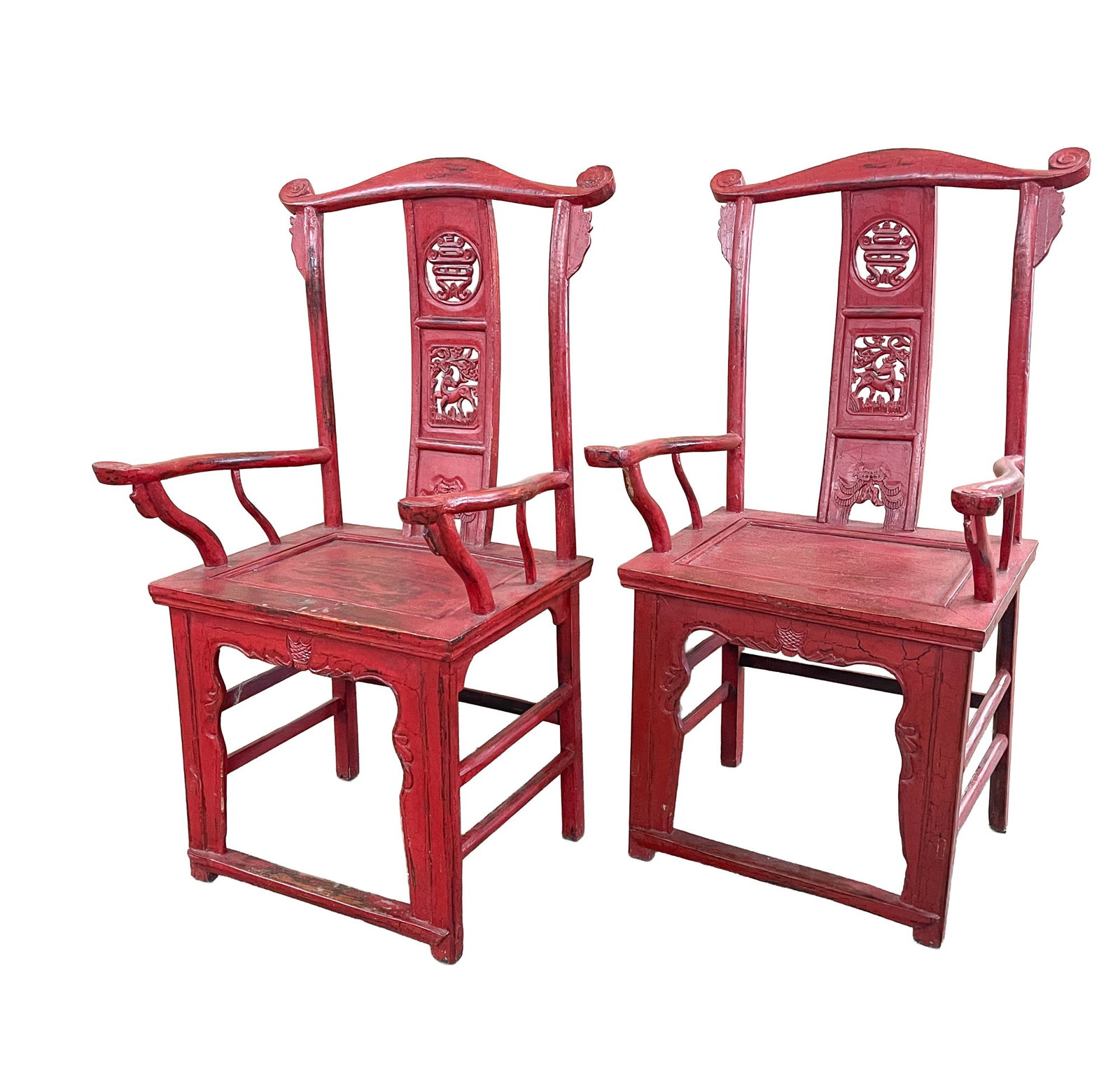 PAIR OF CHINESE RED-LACQUERED YOKE-BACK ARMCHAIRS. (1 of 5)