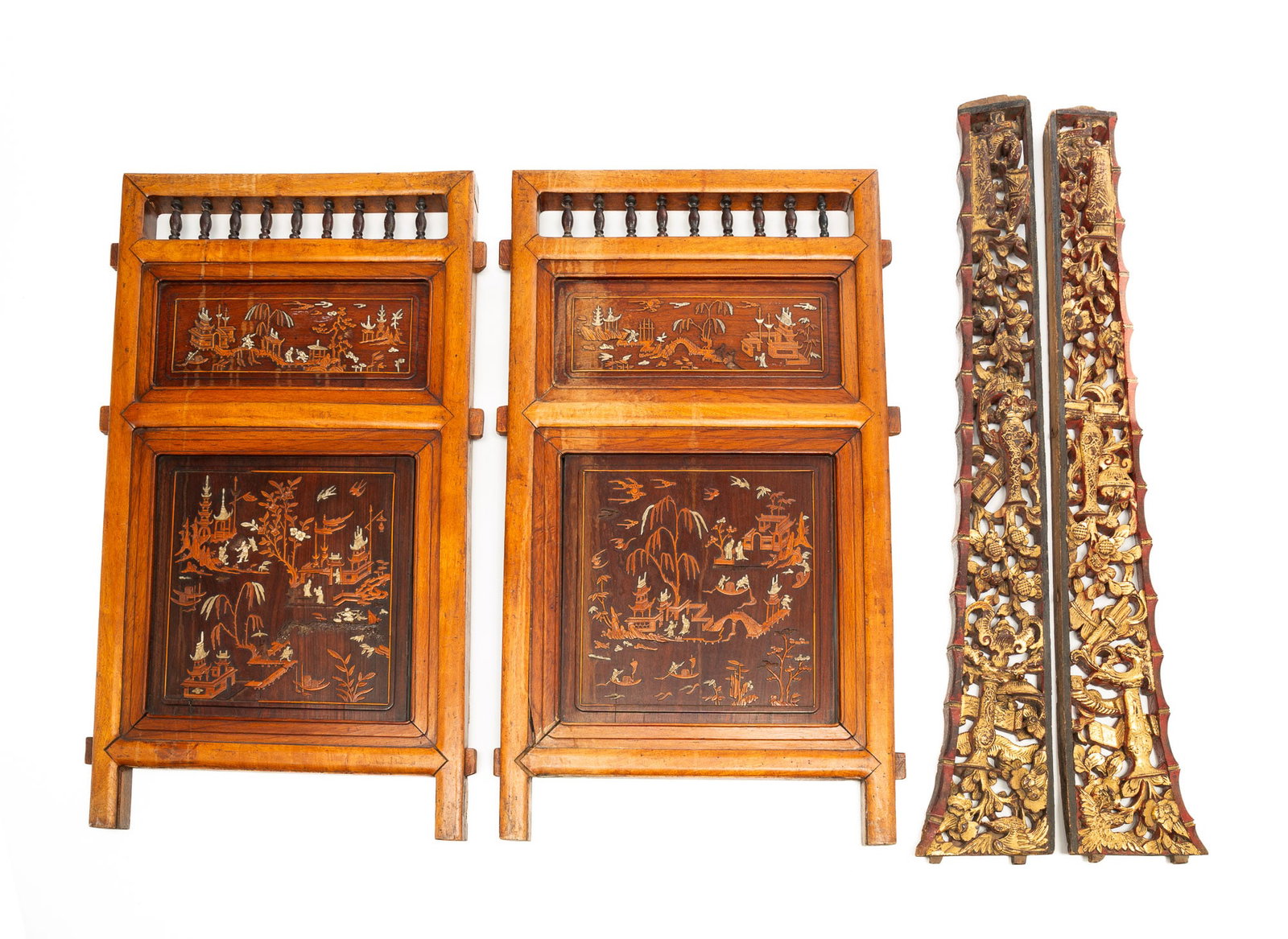 PAIR OF CHINESE DOOR PANELS WITH PAIR OF GILT-DECORATED TEMPLE CARVINGS. (1 of 4)
