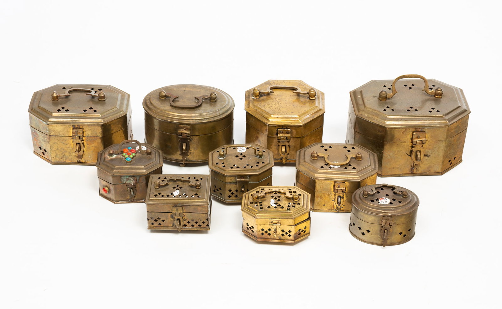 TEN BRASS AND TIN CRICKET BOXES. (1 of 4)