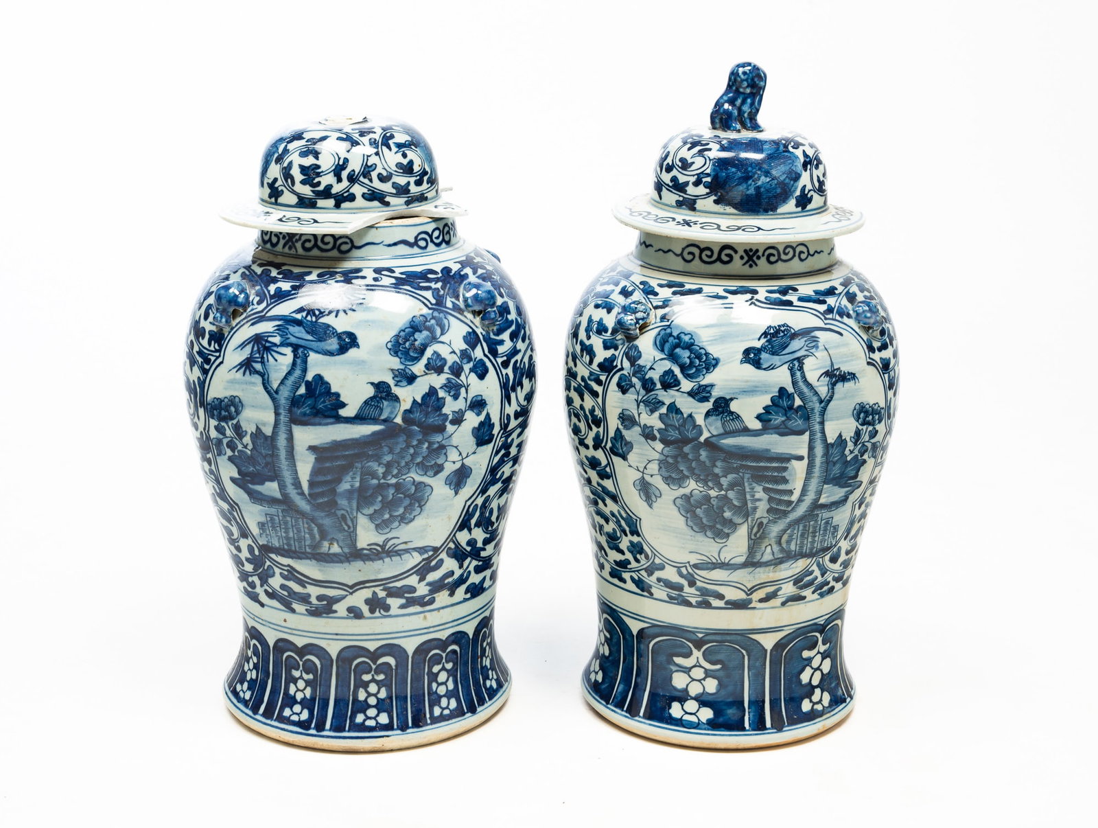 NEAR PAIR OF CHINESE BLUE AND WHITE PORCELAIN TEMPLE JARS. (1 of 6)