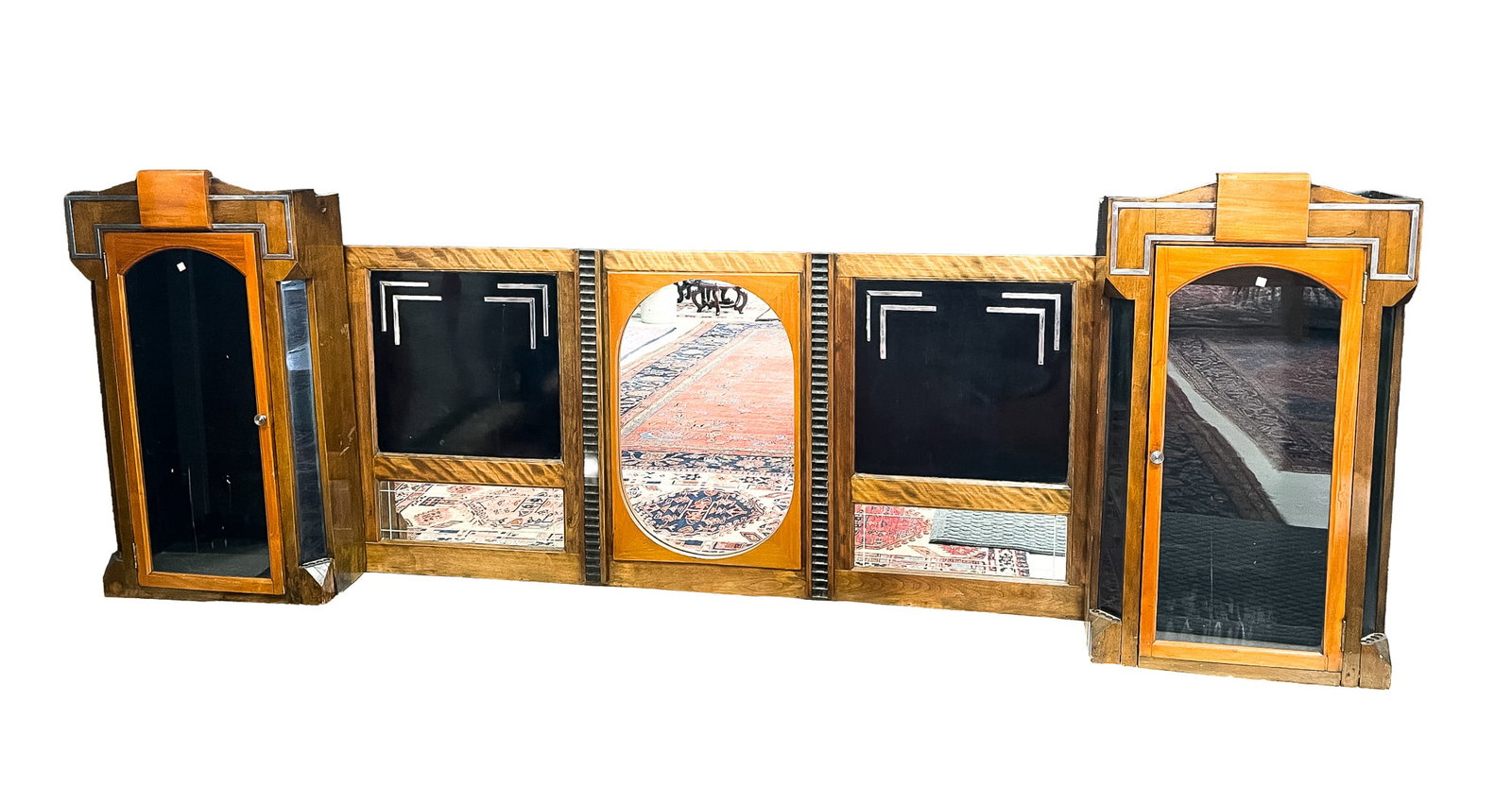 AMERICAN ART DECO BACKBAR TOP.: Second quarter 19th Century. In three sections. Mahogany. Center section with lozenge-shaped mirror flanked by black panels with dull aluminum inverted "L" and lower rectangular mirrors. Two side cabi