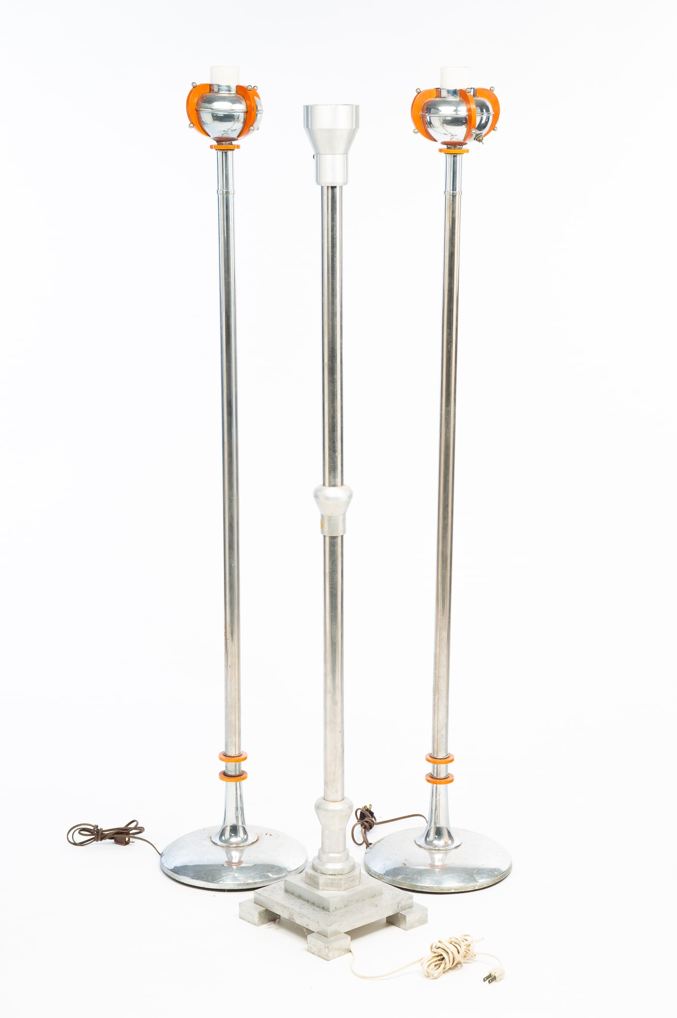 THREE ART DECO STYLE CHROME FLOOR LAMPS, INCL. PAIR OF BAKELITE-MOUNTED EXAMPLES. (1 of 4)